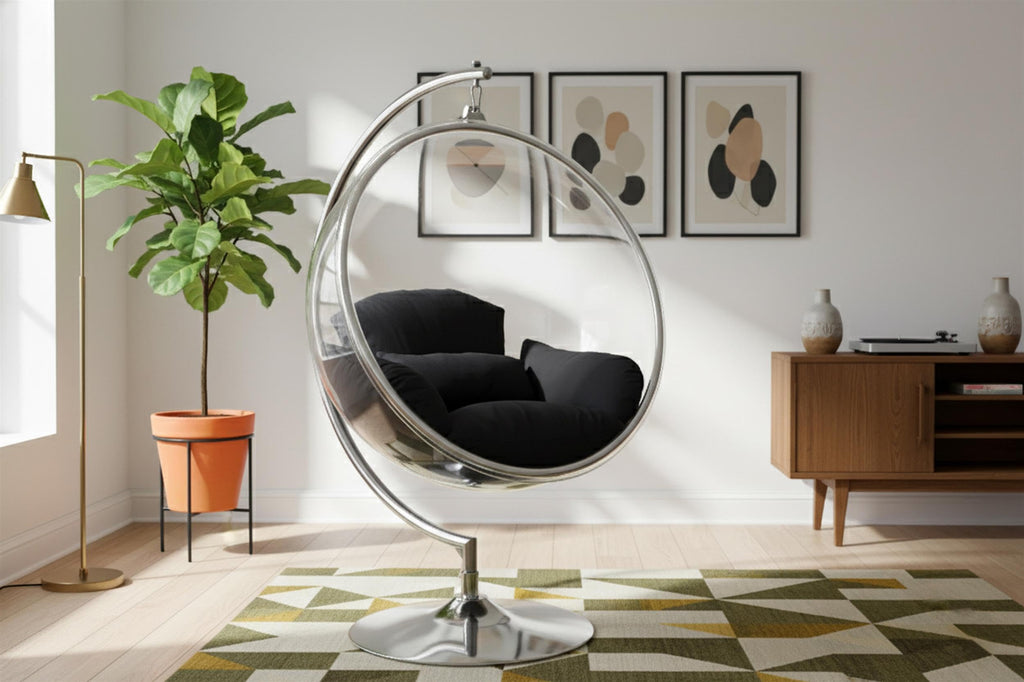 Meridian Furniture 507Black Luna Collection Modern | Contemporary Clear Acrylic Accent Swing Chair with Durable Metal Base and Fabric Seat, Black, Chrome Finish, 41.5" W x 29.5" D x 64" H