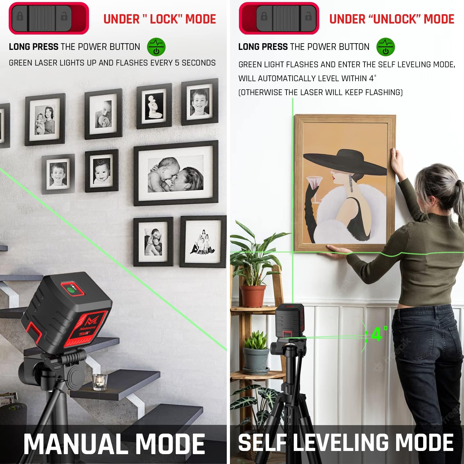 Self-Leveling Laser Level, 100Ft Green Cross Line Rotary Laser Tool - 4 Brightness Modes, Manual & Pulse Mode for Indoor/Outdoor Use, IP54 Waterproof with Carrying Bag
