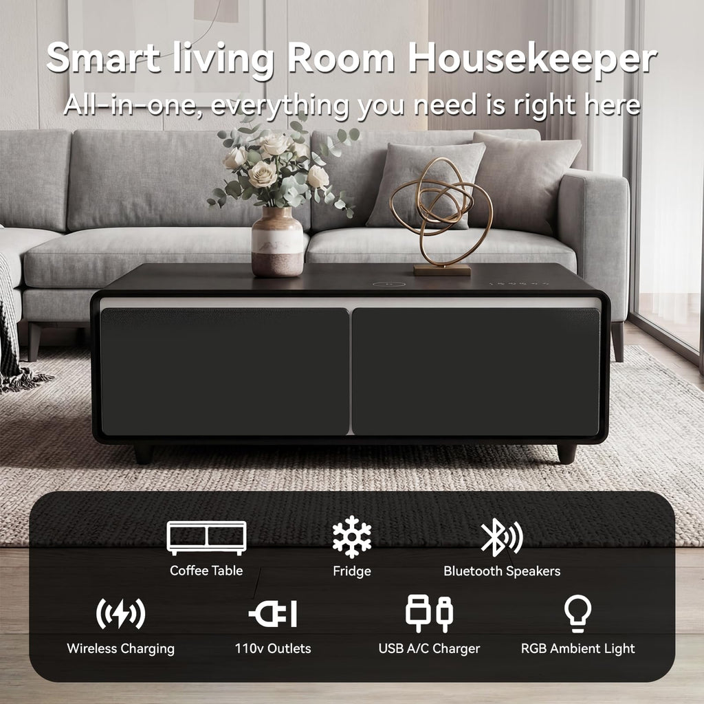 LIVTAB Smart Coffee Table, 27.8" D x 51" W x 18.1" H, Living Room Table with Built in Fridge and Speakers, Smart Table with 15W Wireless Charging, USB Chargers and 110V Outlets (Black)