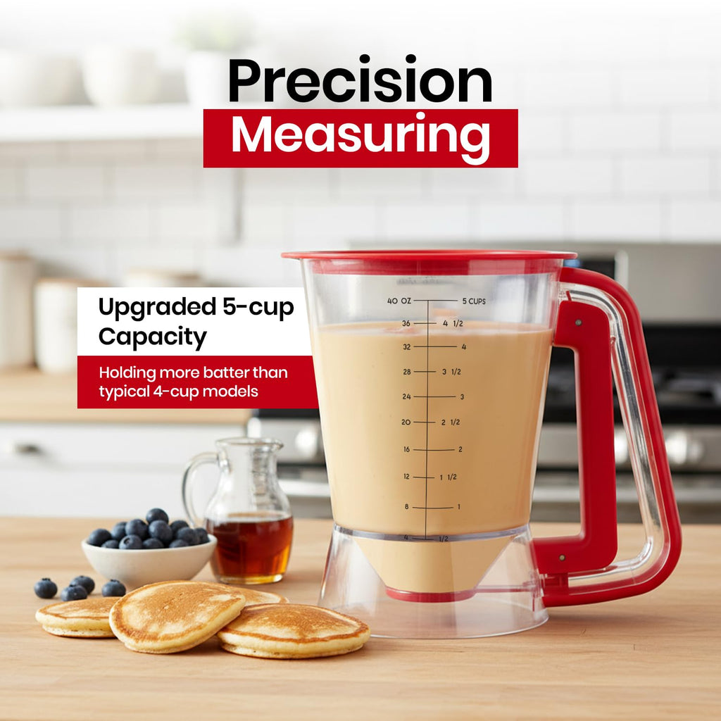 Eggssentials - Pancake dispenser, 5-Cup capacity for Batter, Cupcake Batter Dispenser, Waffles & Crepes, Easy Squeeze Handle, Dishwasher Safe - Red Pancake Mix Dispenser