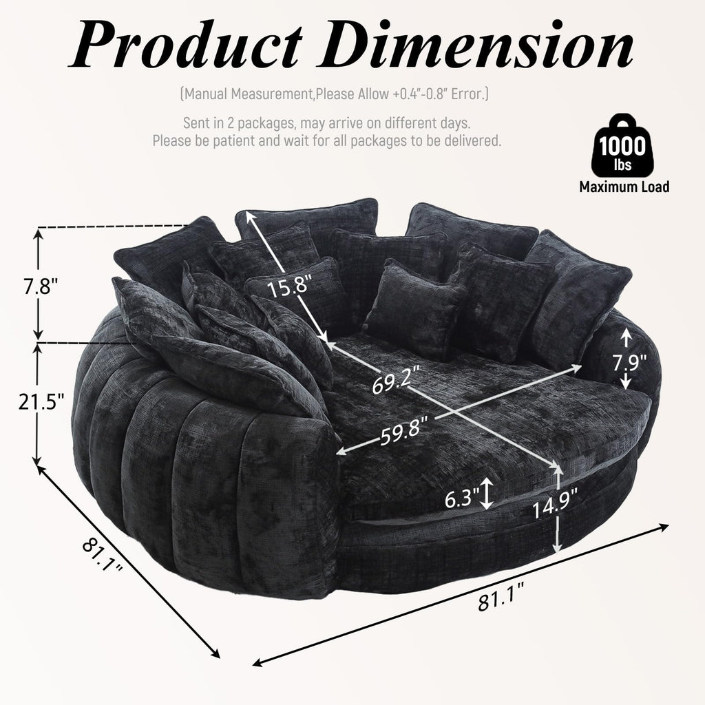 81'' Cloud Couches for Living Room, Comfy Circle Round Couch Bed with 14 Pillows, Upholstered Boneless Couch, Oversized Chaise Lounge Chair Indoor, Extra Wide Round Daybed, Floor Sofa (Black)