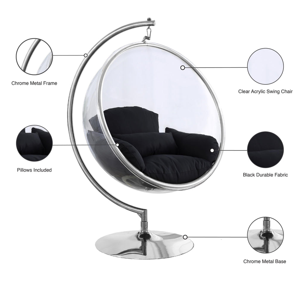 Meridian Furniture 507Black Luna Collection Modern | Contemporary Clear Acrylic Accent Swing Chair with Durable Metal Base and Fabric Seat, Black, Chrome Finish, 41.5" W x 29.5" D x 64" H