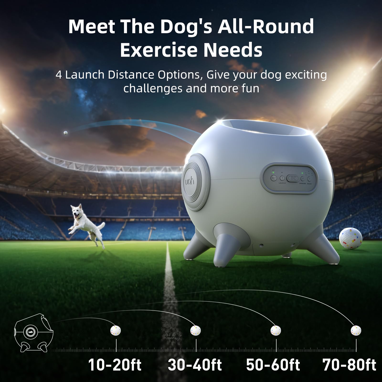 uahpet Automatic Ball Launcher for Dogs with Obstacle Detection, 20ft-80ft Adjustable Distances Ball Thrower Launcher for Medium & Large Dogs, with 4 Balls (2.5 inches)