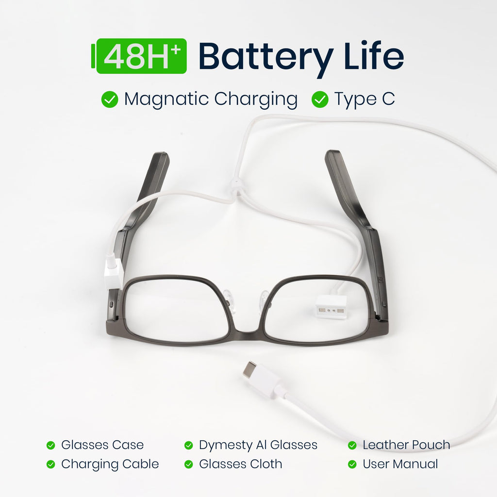 Dymesty AI Smart Glasses with Real-Time Translation & Meeting Transcription Titanium Frame, Bluetooth Open-Ear Audio, Voice Recording, No Camera Privacy-First, ChatGPT & Gemini, 48H Battery,Gray