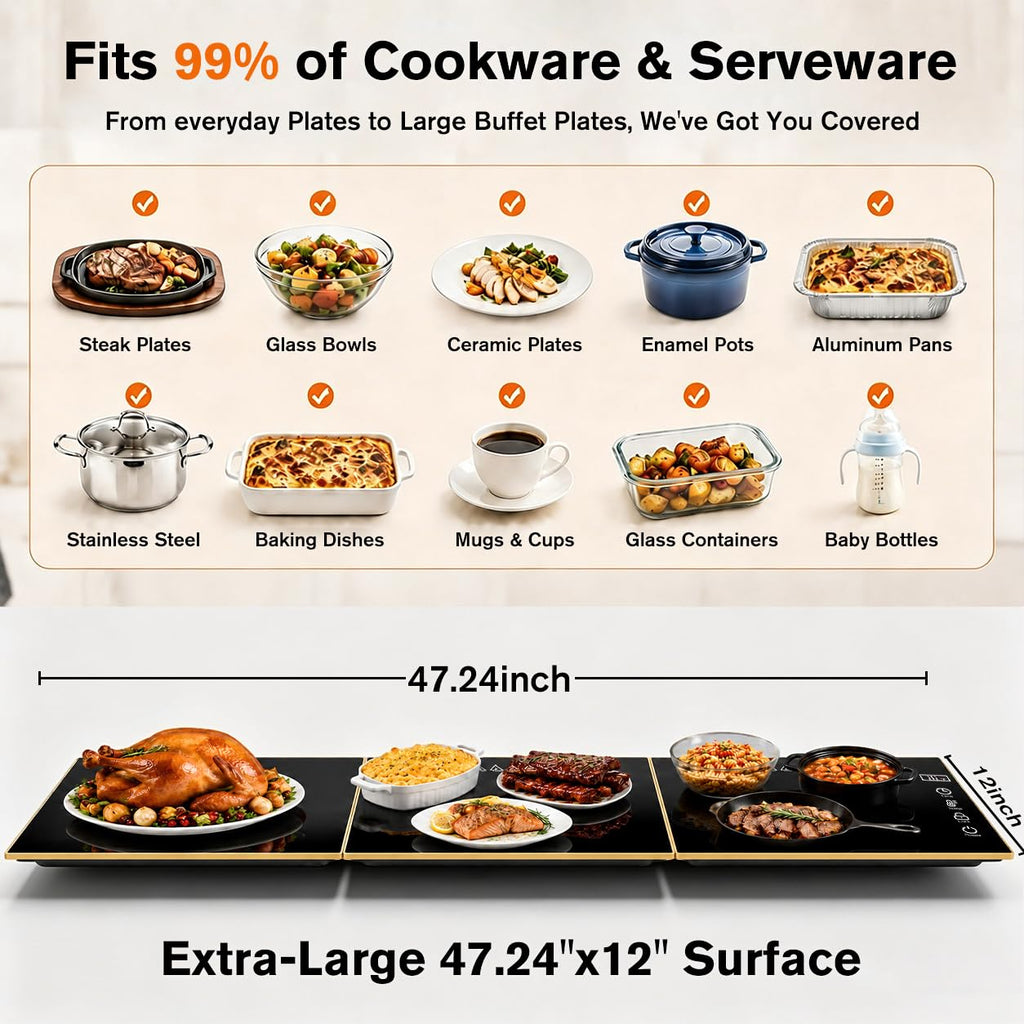 Food Warming Tray for Parties Buffet, Modular 1-3 Panel Electric Warming Tray, 47.2" x 12” Food Warmer with Rapid Heating,7 Temp Settings and 8-Hour Timer, Safe for All Tabletops,Holiday Gatherings