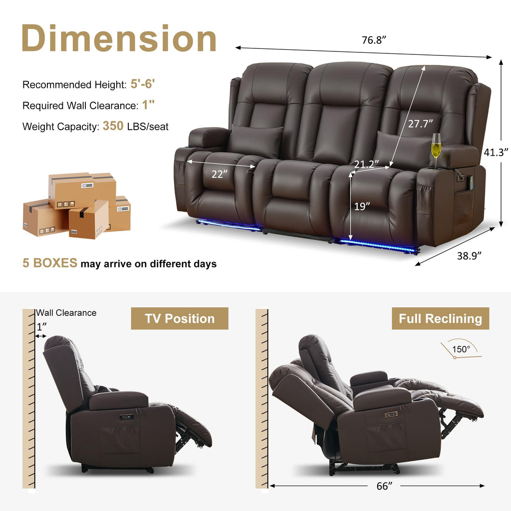 URRED Power Loveseat Recliner Sofa with Massage and Heat, Wall Hugger Reclining Loveseat with Console, RV Couch Home Theater Seating with LED Lights for Living Room (Dark Brown, 76.8" - 3 Seats)