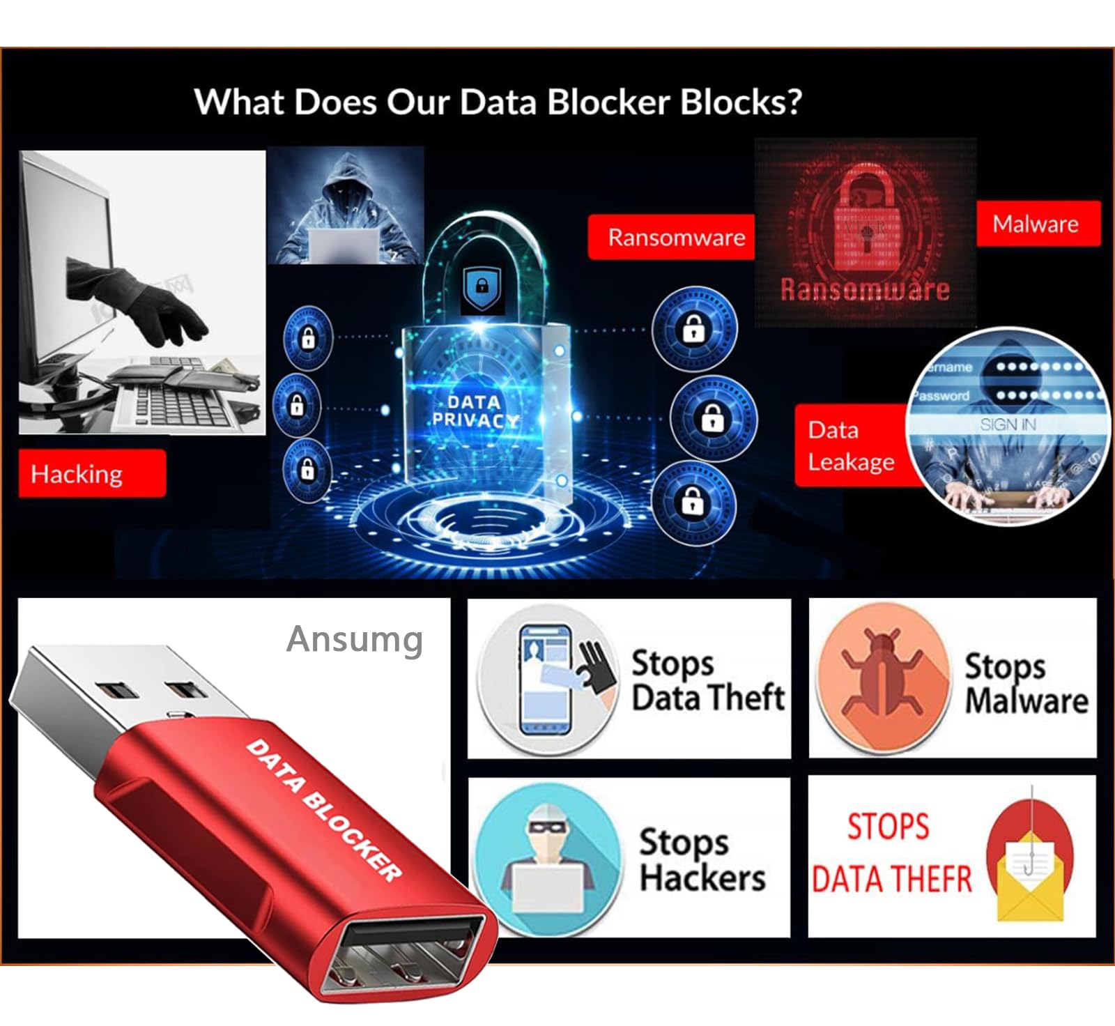 Data Blocker, USB A & USB C Data Blocker for iphone15 16 and Any USB C Mobile Phone Charge, Protect Against Juice Jacking, Refuse Hacking, Only Charging (Red)