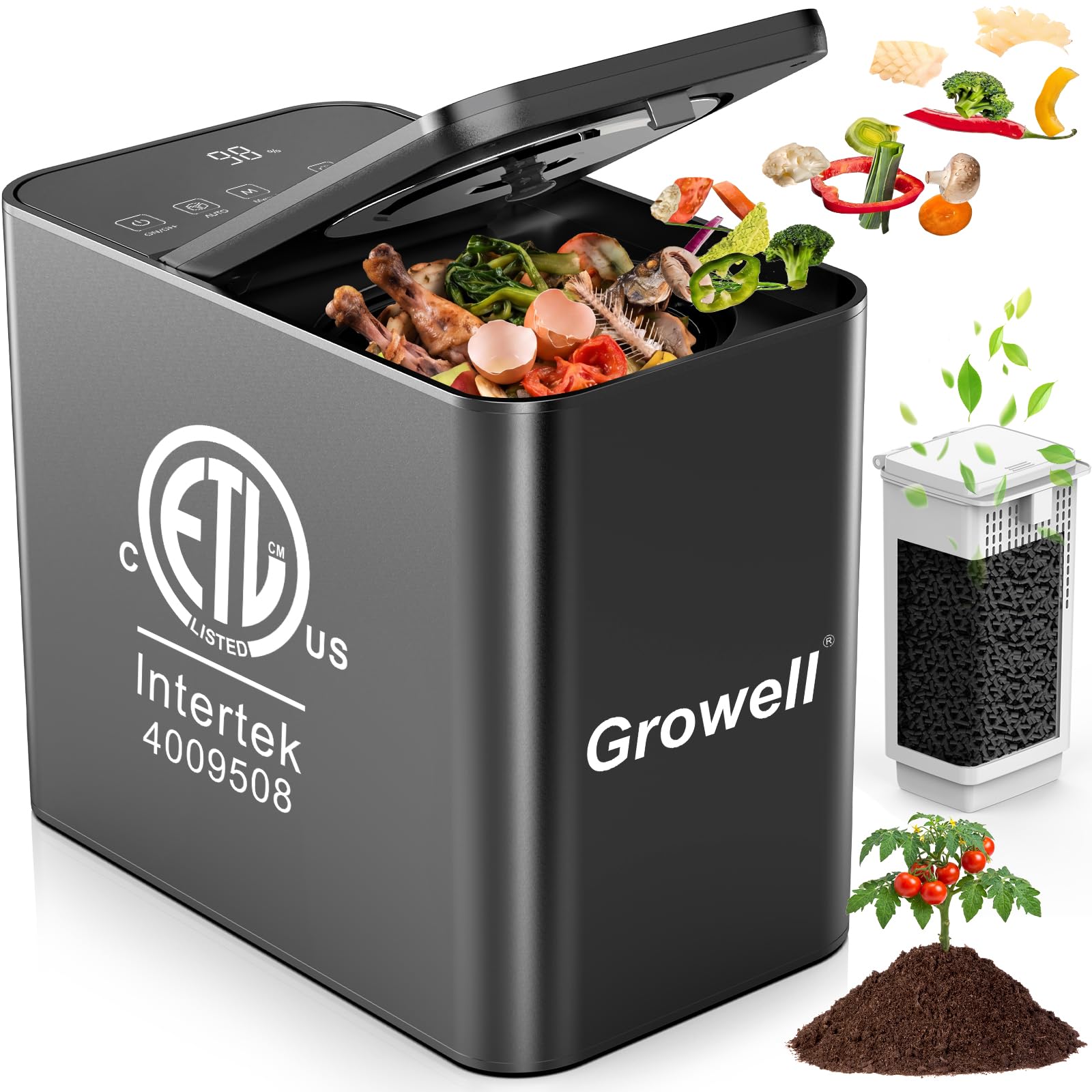 Growell Electric Composter for Kitchen, ETL Listed, 3.2L (108 Oz) Countertop Compost Bin with Strong Brushless Motor(2X Longer Lifespan), Quiet & Odorless, Indoor Composter with LED Display, EC04