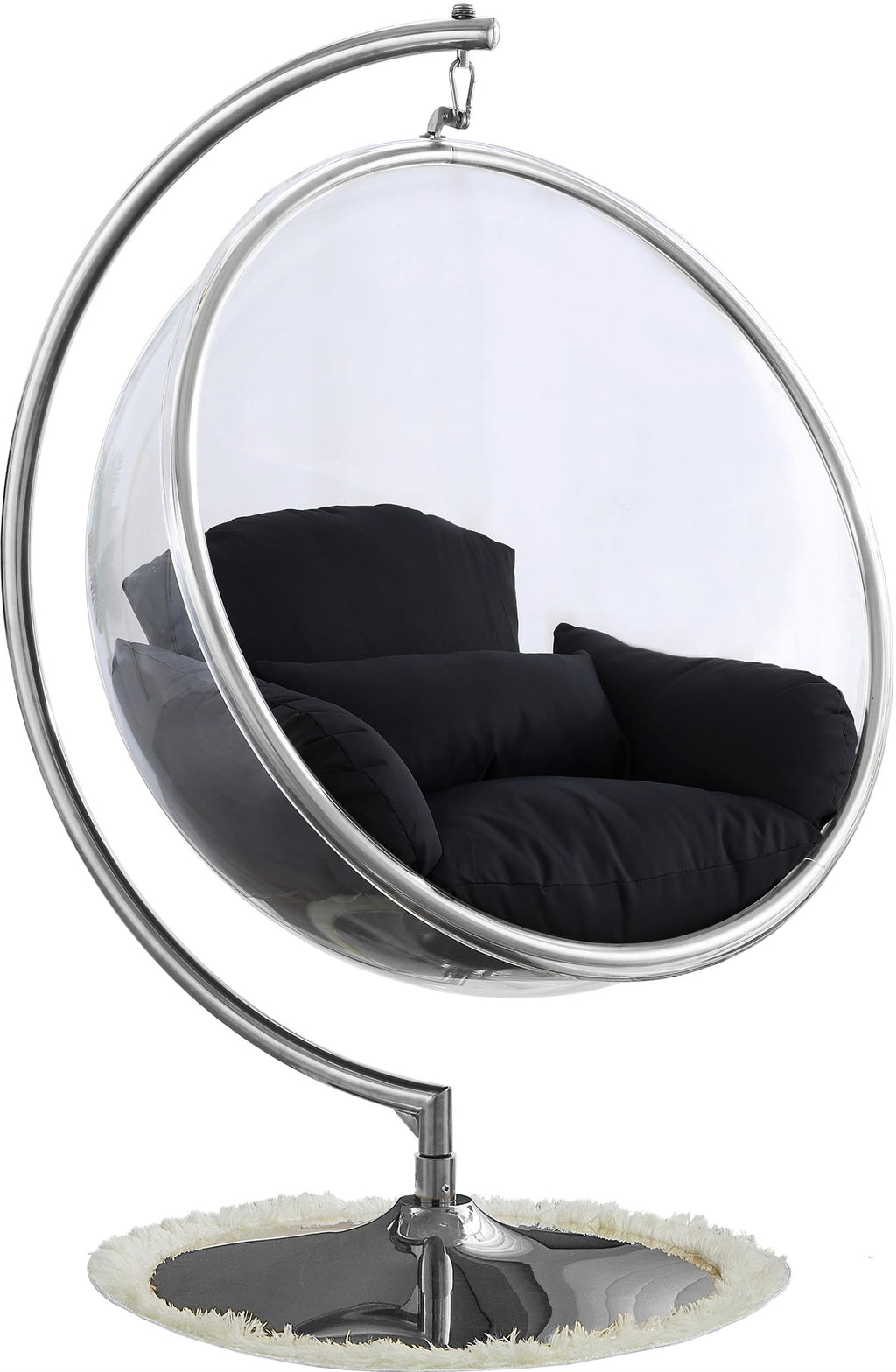 Meridian Furniture 507Black Luna Collection Modern | Contemporary Clear Acrylic Accent Swing Chair with Durable Metal Base and Fabric Seat, Black, Chrome Finish, 41.5" W x 29.5" D x 64" H