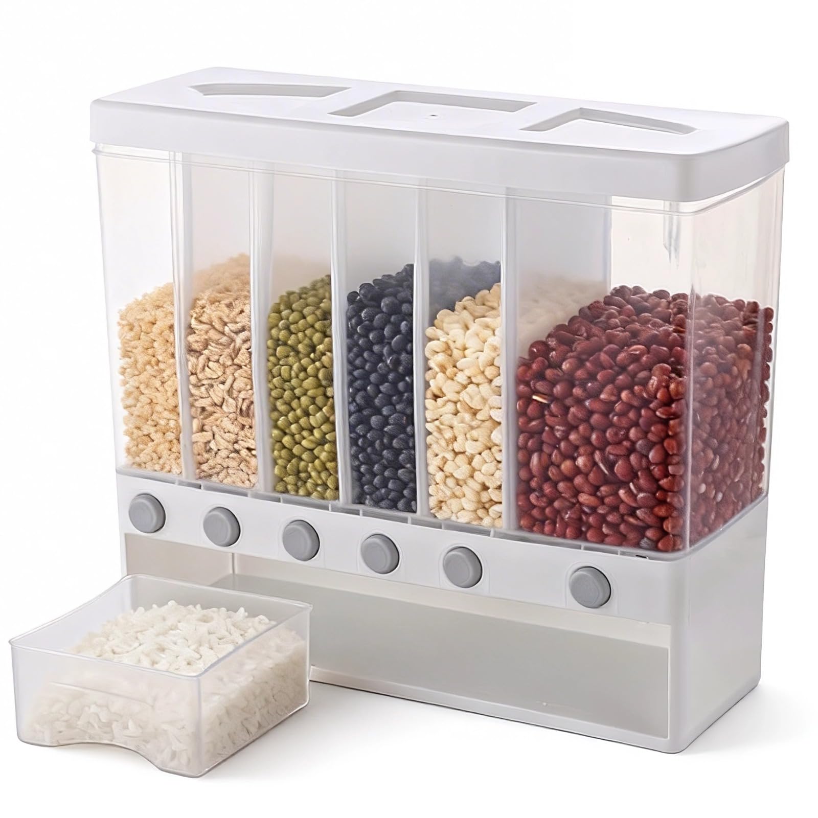 Skdqiee Wall Mounted 6-Grid Rice Dispenser, 22 lbs Large Capacity Dry Food Cereal Storage, Press Button Quantitative Output with Transparent Drawer for Kitchen Pantry Organization