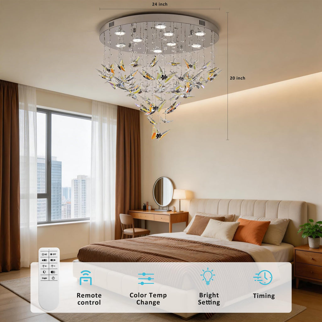 Modern LED Chandeliers, 24 inch Crystal Flush Mount Ceiling Light Fixture with Remote and APP Control, 3CCT Dimmable, Elegant Butterfly Chandelier for Bedroom Dinning Room Living Room Foyer Entryway