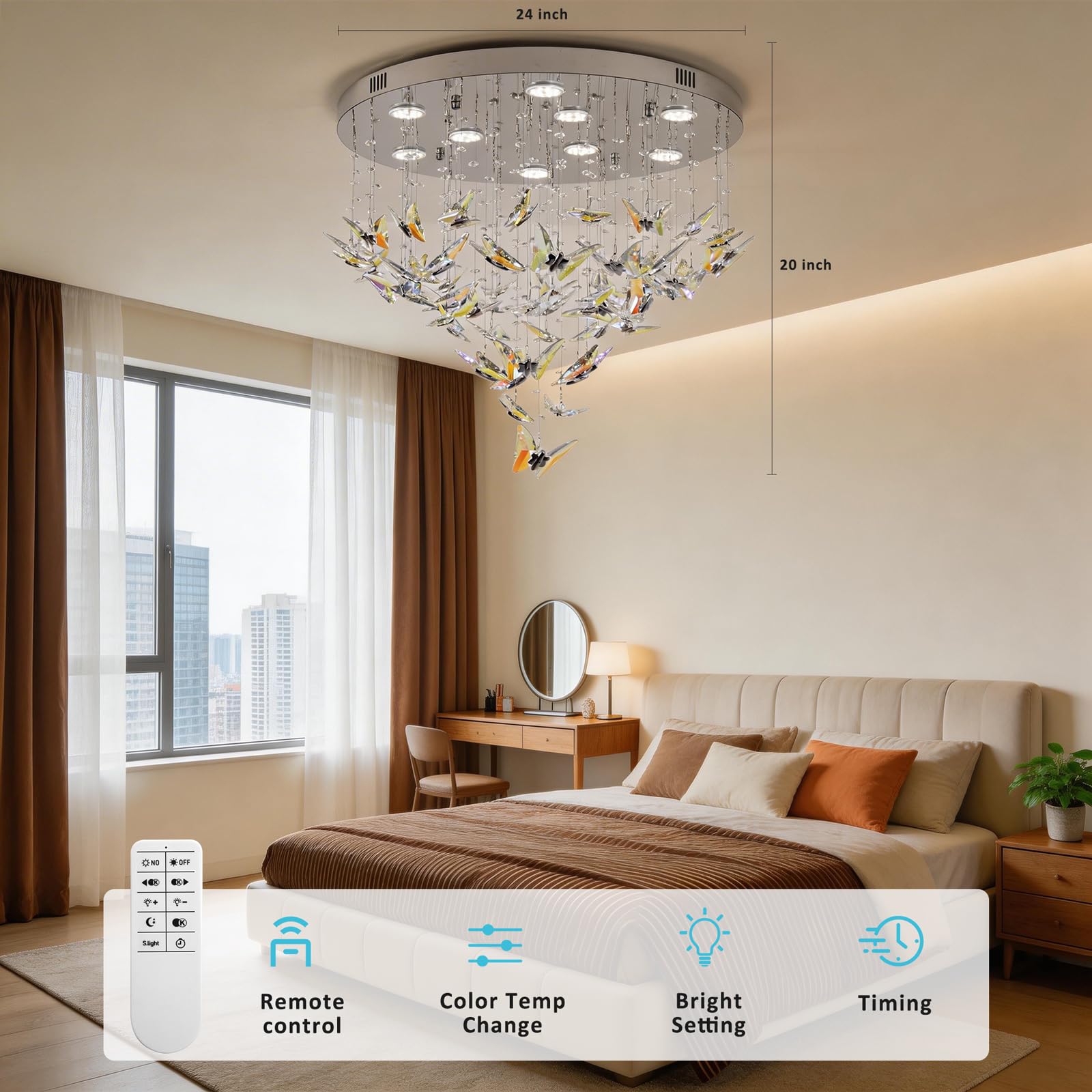 Modern LED Chandeliers, 24 inch Crystal Flush Mount Ceiling Light Fixture with Remote and APP Control, 3CCT Dimmable, Elegant Butterfly Chandelier for Bedroom Dinning Room Living Room Foyer Entryway