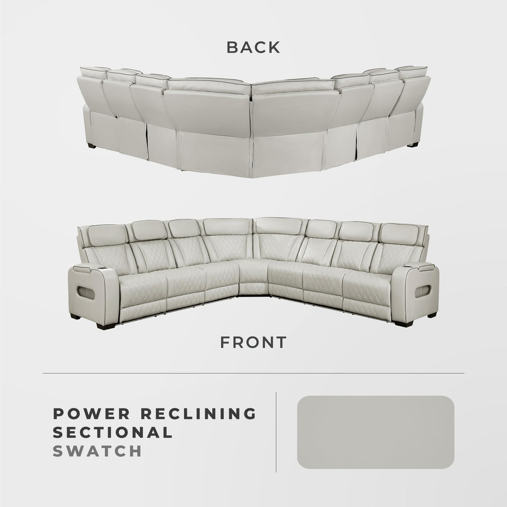 Lexicon 128" Power Reclining Sectional Sofa, Wall Hugger, 2 Recliner Seats, 2 Storage Arms, Drop-Down Cup Holders, Power Headrests, Wireless Charger, Charging Ports, LED Lighting, Faux Leather Taupe
