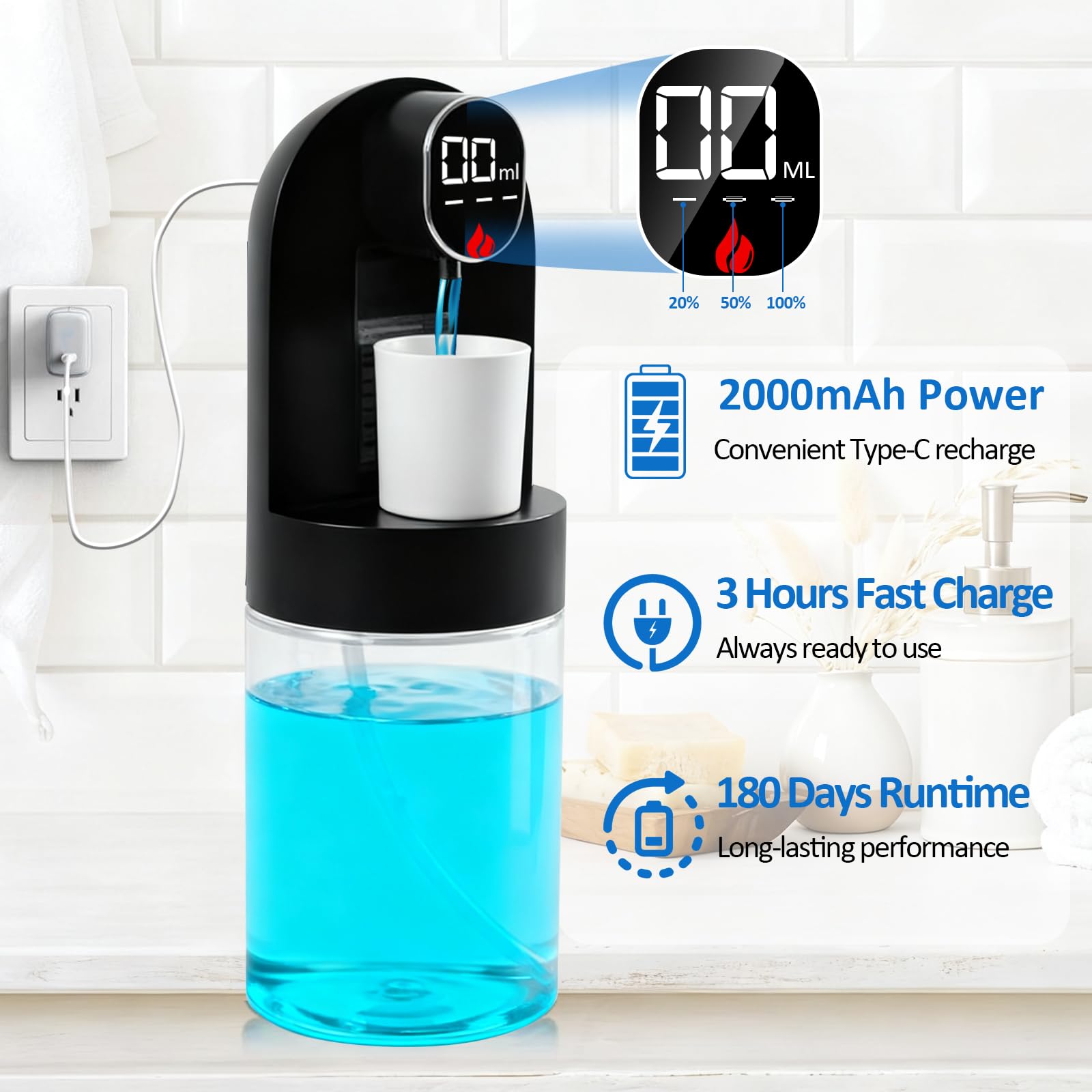 Mouthwash Dispenser for Bathroom, Automatic Mouthwash Dispenser, 20.29 oz Touchless Electric Wall Mounted Mouth Wash Dispenser, 4 Modes with 4 Magnetic Cups for Kids & Adults,Bathroom Accessories Set