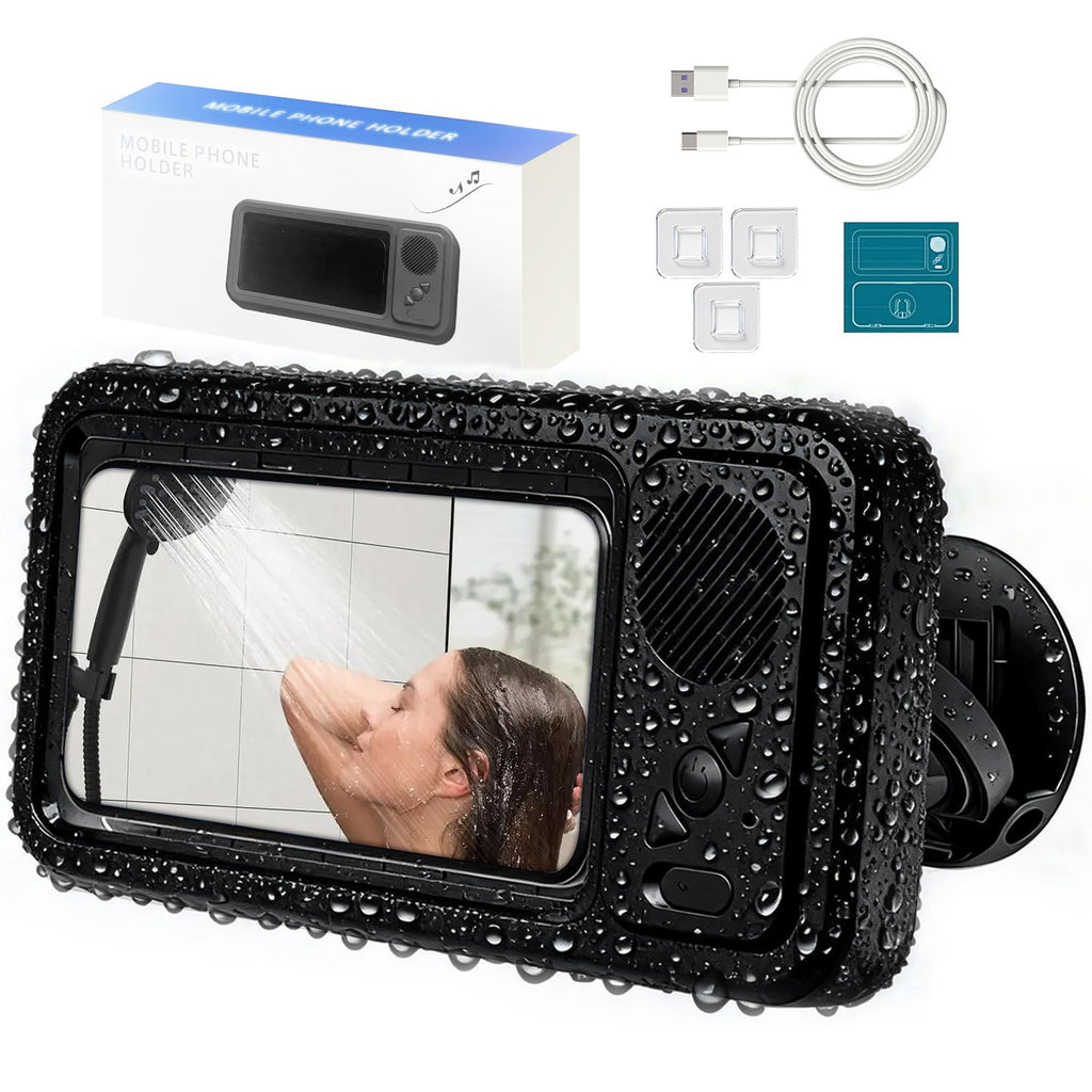 Enfriliv Waterproof Phone Holder with Speaker, Shower Phone Holder Waterproof, Shower Phones Holder with Wireless Bluetooth Speaker Aqua with 360° Rotation Ipx4 Shower Play (Black)