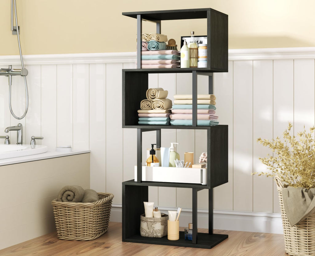 Furologee Geometric Bookshelf 5 Tier Bookcase, Industrial S-Shaped Display Storage Shelf for Small Space, Tall Metal Wood Decorative Standing Shelves for Bedroom, Living Room, Office, Black Oak