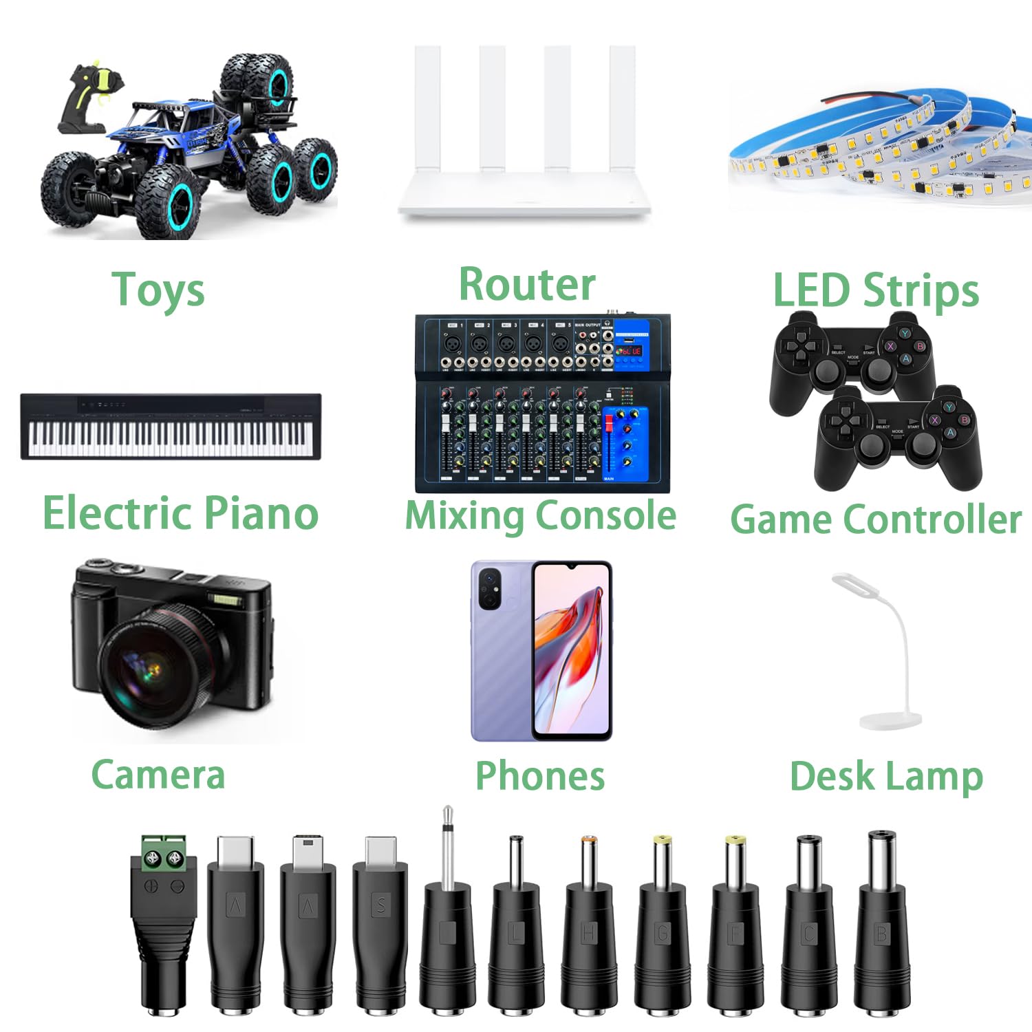 5V 1A Multifunction Charger Power Core, USB to DC Charging Cable Set with Adapter & 11 Connectors (Micro-USB, Type-C, Mini USB, 5.5x2.1, 2.5x0.7, 3.0x1.1, 3.5x1.35, 4.0x1.7, 4.8x1.7, 5.5x2.5) 3.3FT
