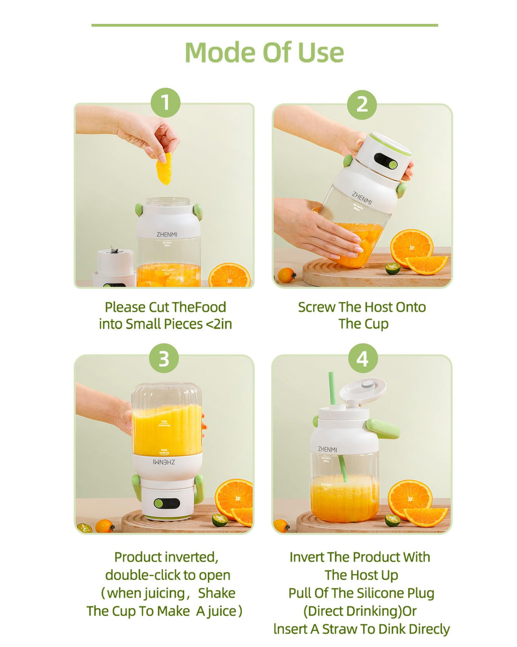 ZHENMI Portable Blender, Personal Blender for Smoothies & Shakes, Cordless, 33oz BPA-Free Vessel, 18000RPM Motor, Leakproof Lid with Sip Spout, USB-C Rechargeable, Easy-to-Clean Parts (Green)