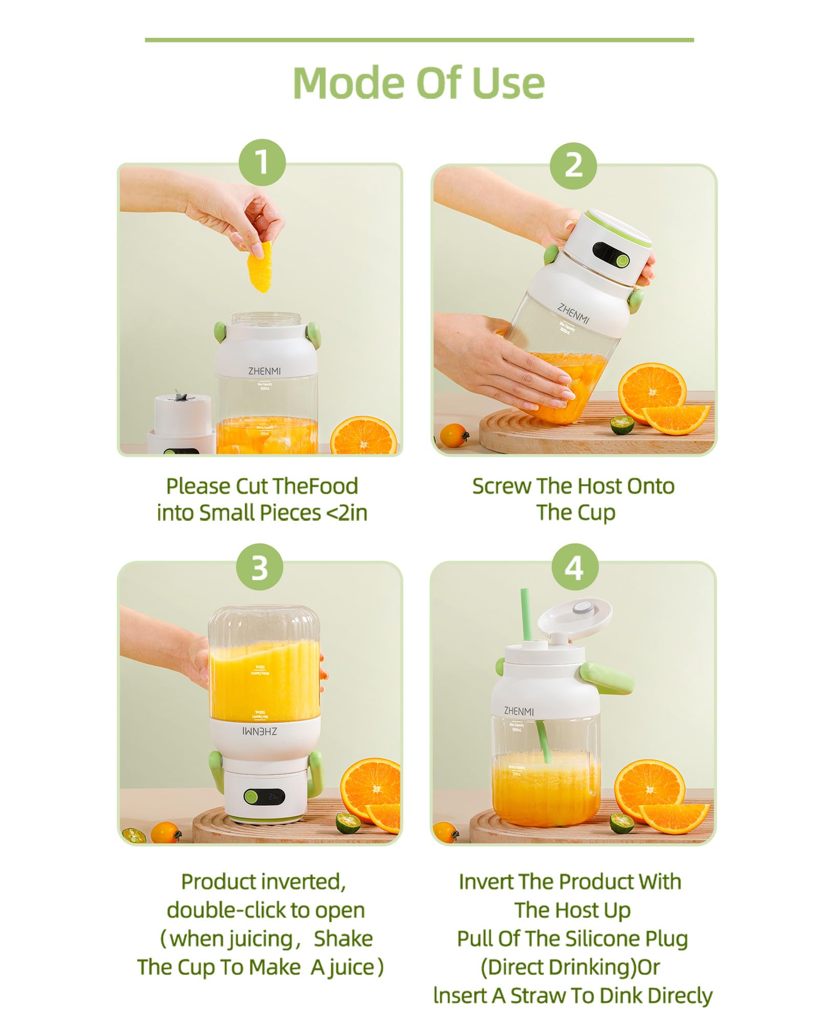 ZHENMI Portable Blender, Personal Blender for Smoothies & Shakes, Cordless, 33oz BPA-Free Vessel, 18000RPM Motor, Leakproof Lid with Sip Spout, USB-C Rechargeable, Easy-to-Clean Parts (Green)
