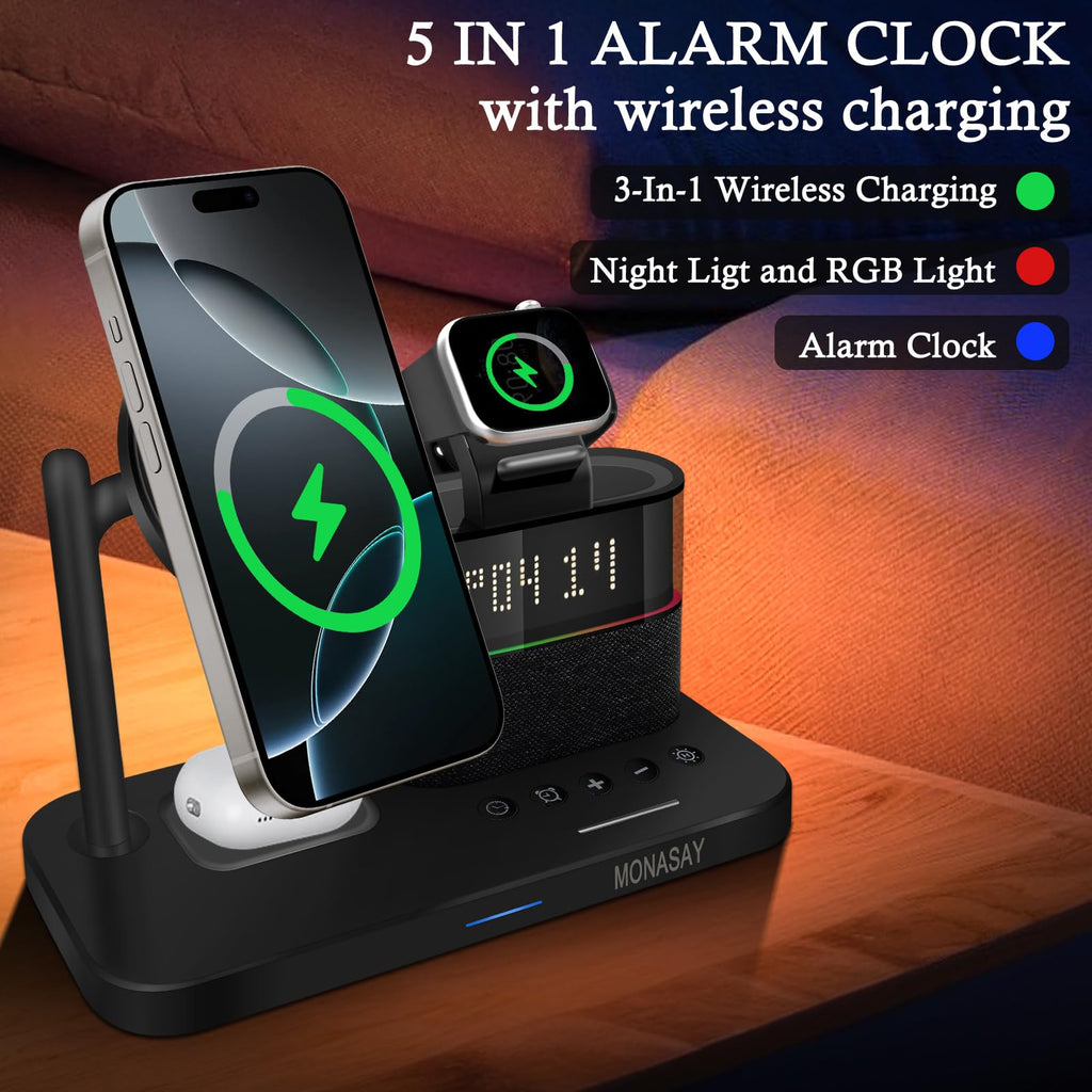 MONASAY Qi2 5 in 1 Wireless Charging Station, 23W Wireless Charger with Alarm Clock for Multiple Devices, Magnetic Charger Stand for iPhone 16/15/14/13/12 Series and AirPods, Apple Watch Series, Black