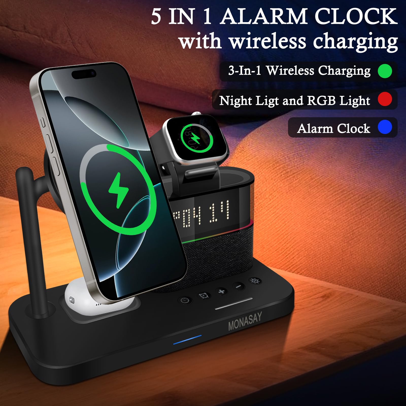 MONASAY Qi2 5 in 1 Wireless Charging Station, 23W Wireless Charger with Alarm Clock for Multiple Devices, Magnetic Charger Stand for iPhone 16/15/14/13/12 Series and AirPods, Apple Watch Series, Black