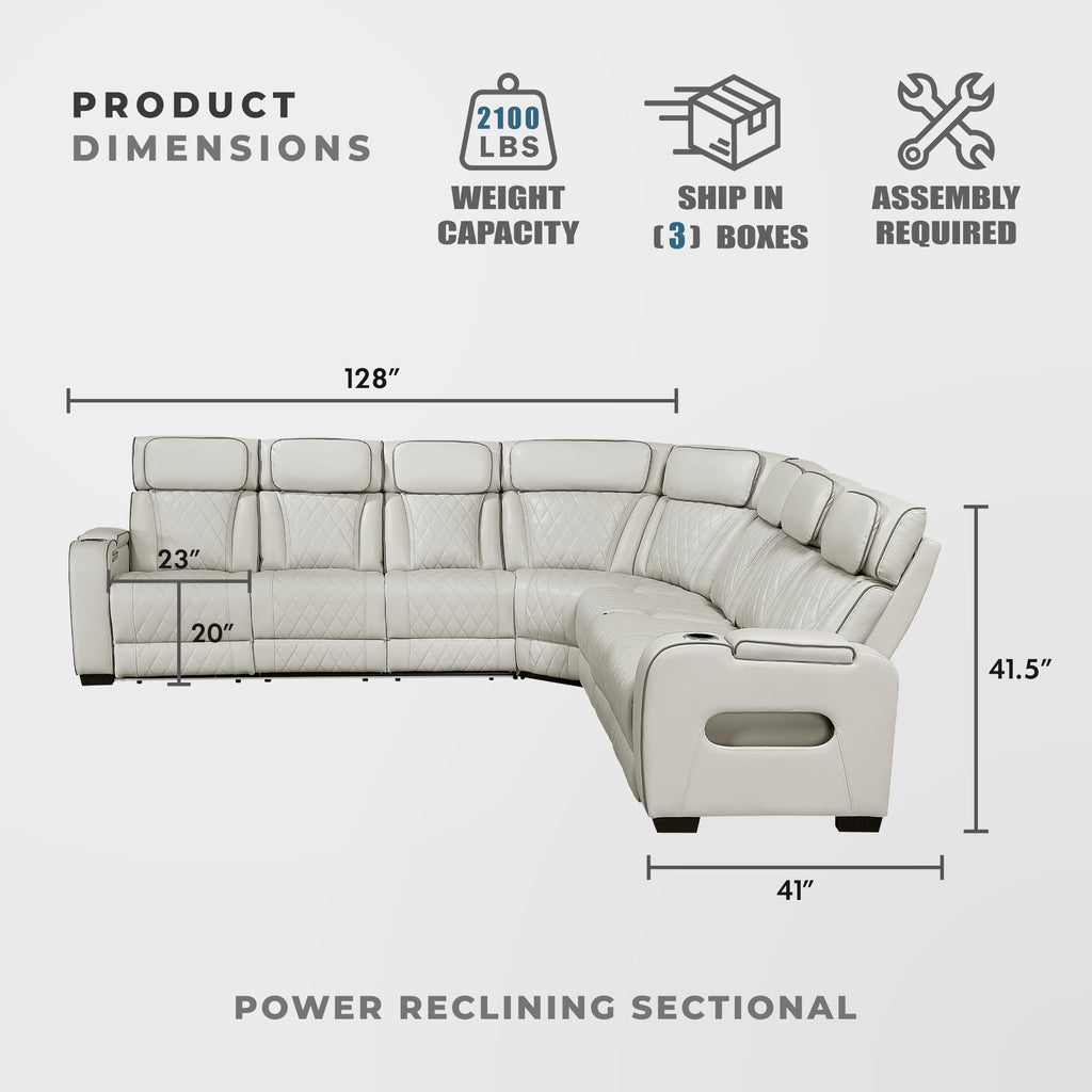 Lexicon 128" Power Reclining Sectional Sofa, Wall Hugger, 2 Recliner Seats, 2 Storage Arms, Drop-Down Cup Holders, Power Headrests, Wireless Charger, Charging Ports, LED Lighting, Faux Leather Taupe