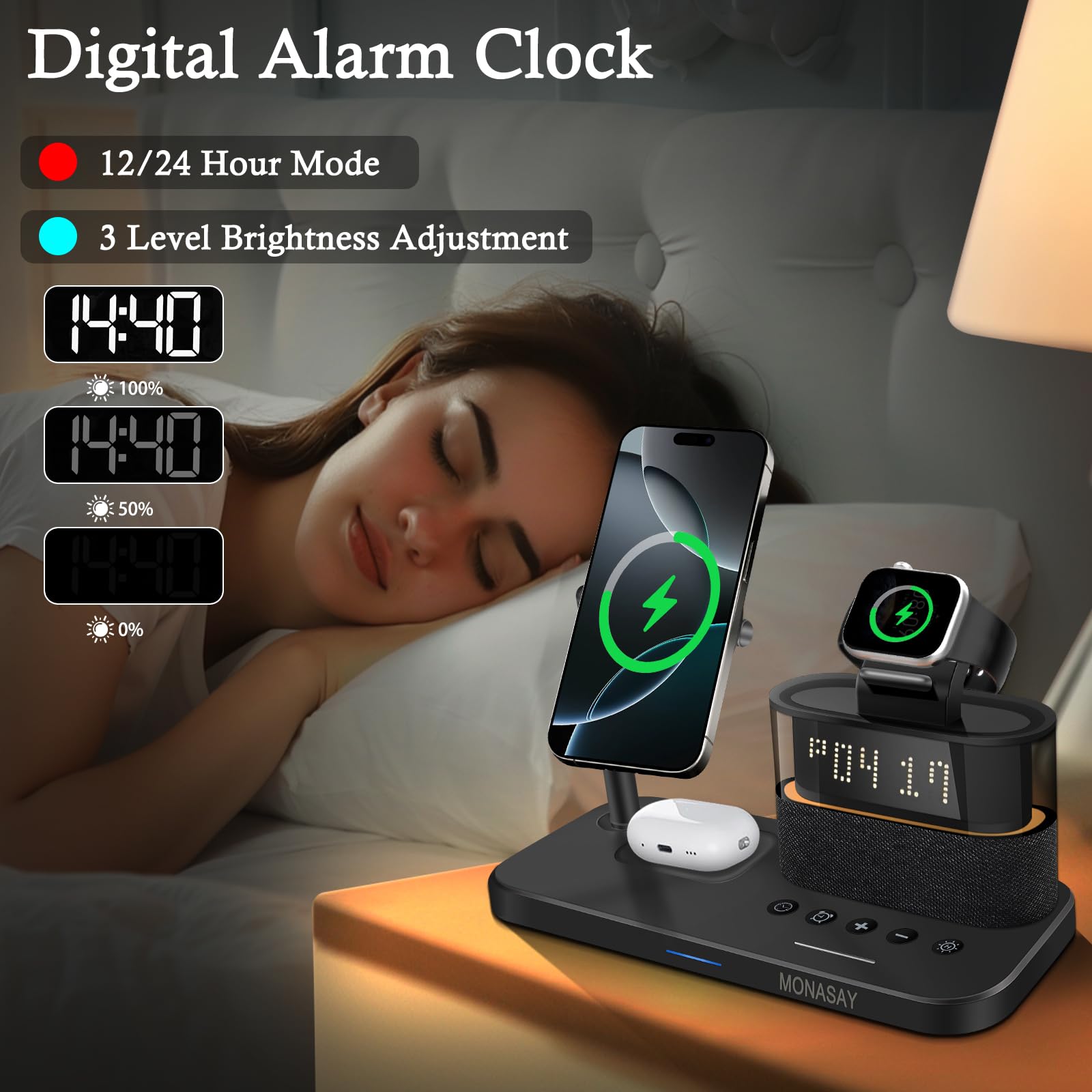 MONASAY Qi2 5 in 1 Wireless Charging Station, 23W Wireless Charger with Alarm Clock for Multiple Devices, Magnetic Charger Stand for iPhone 16/15/14/13/12 Series and AirPods, Apple Watch Series, Black