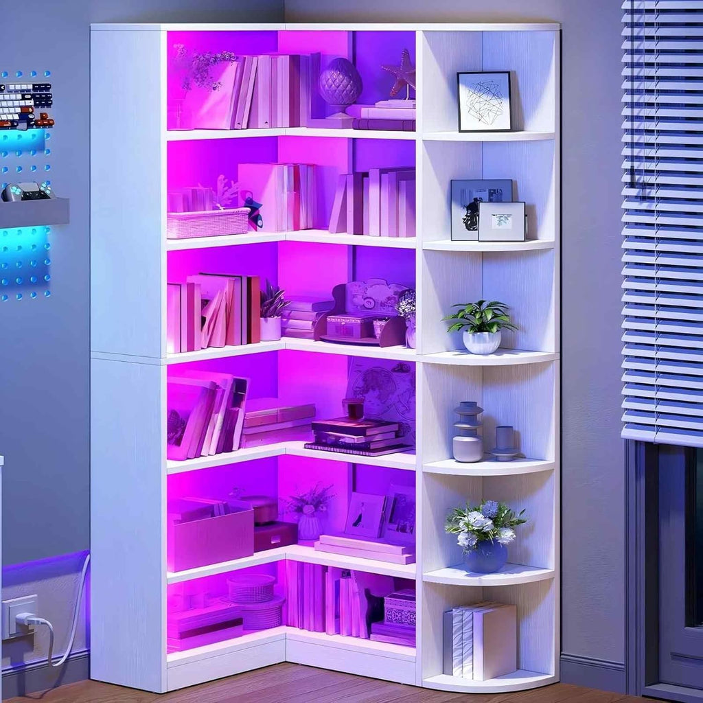 YITAHOME Corner Bookshelf with LED Light, 6 Tier Corner Shelf White Bookshelf L-Shaped Bookcase Storage Display Shelf for Home Office, Living Room, White