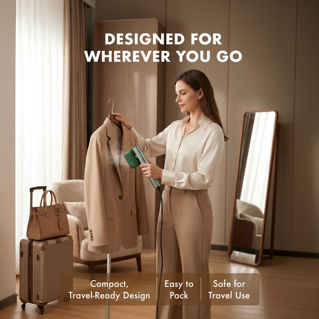 Nesugar G2 Travel Garment Steamer - Handheld Garment Steamer for Instant Wrinkle Smoothing - Rotating Head - Quick Heat-Up - Sleek Profile - Compact Size - Flat Ironing - Green