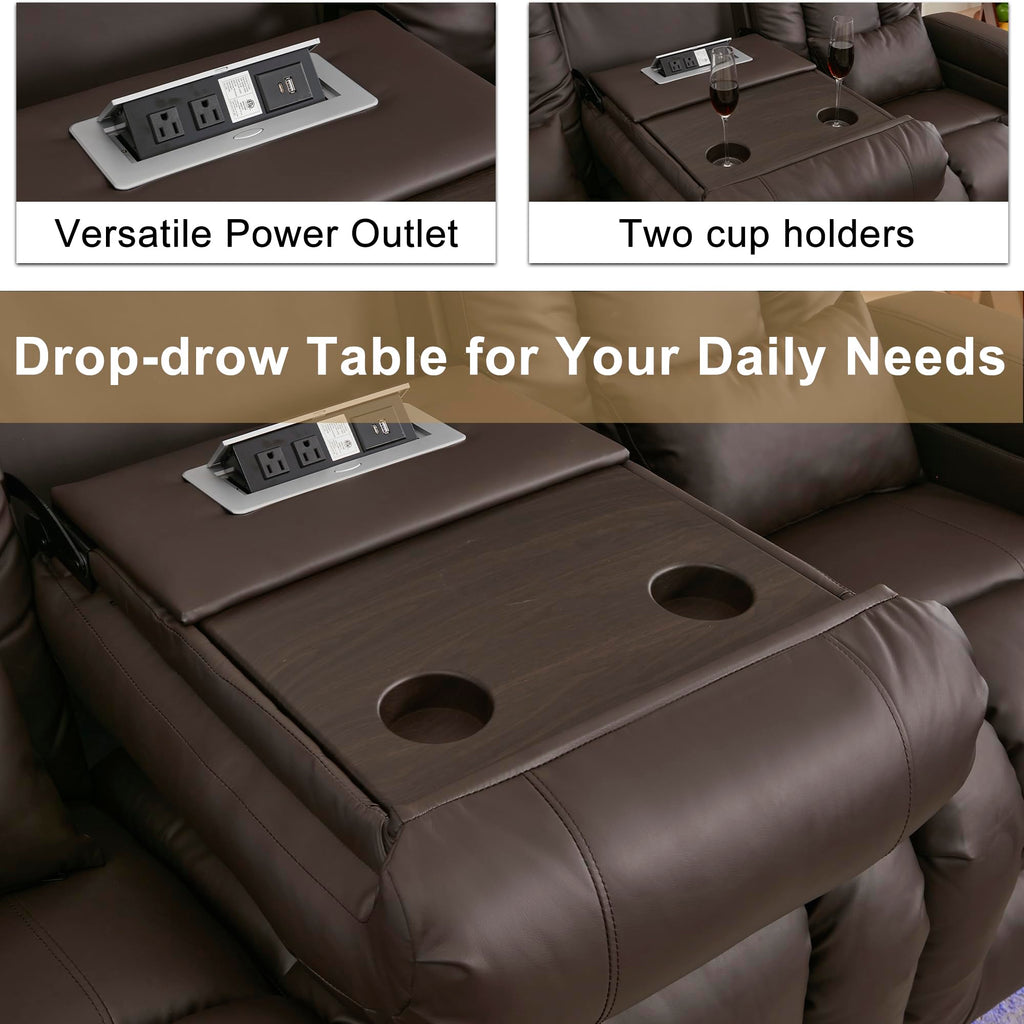 URRED Power Loveseat Recliner Sofa with Massage and Heat, Wall Hugger Reclining Loveseat with Console, RV Couch Home Theater Seating with LED Lights for Living Room (Dark Brown, 76.8" - 3 Seats)