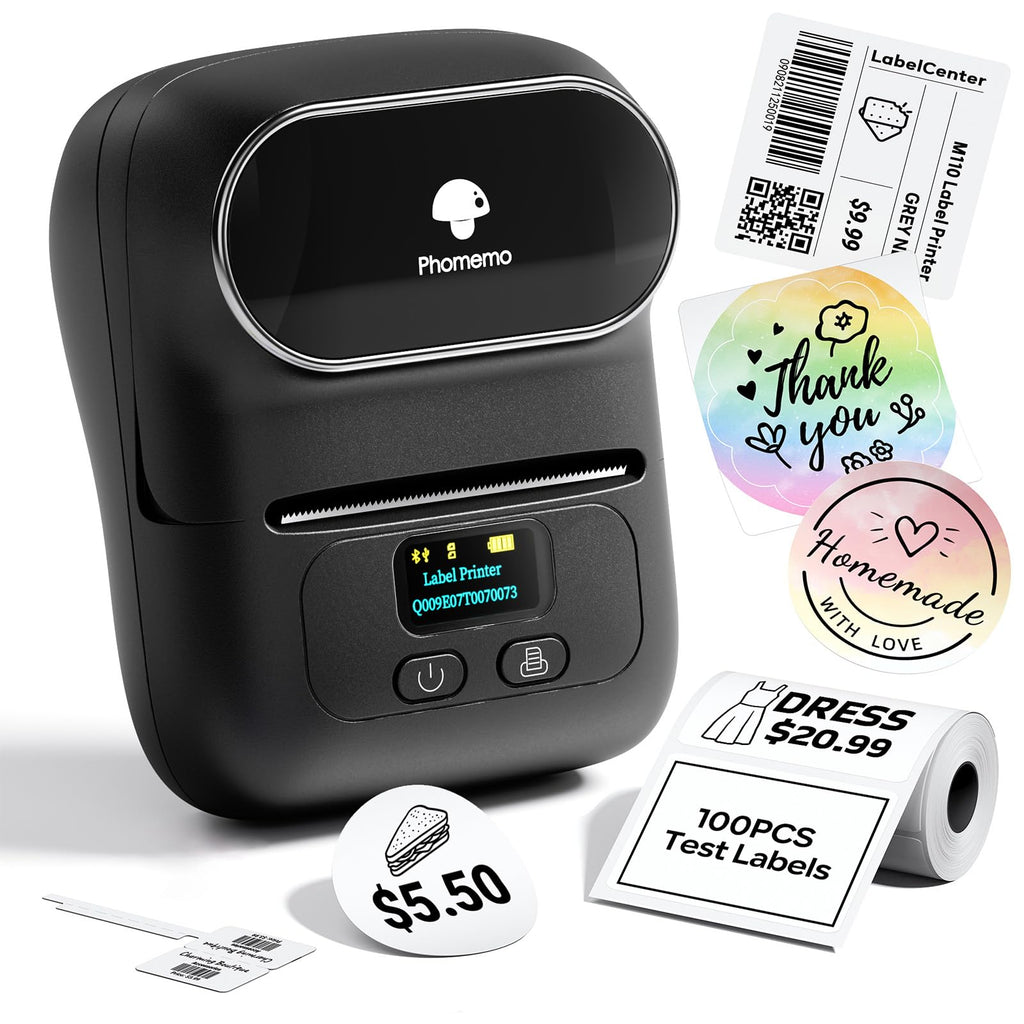 Phomemo M110 Label Makers - Barcode Label Printer Bluetooth Label Maker Portable Thermal Printer for Small Business, Address, Barcode, Logo, Clothing, Mailing, Sticker Printers for Phone & PC, Black