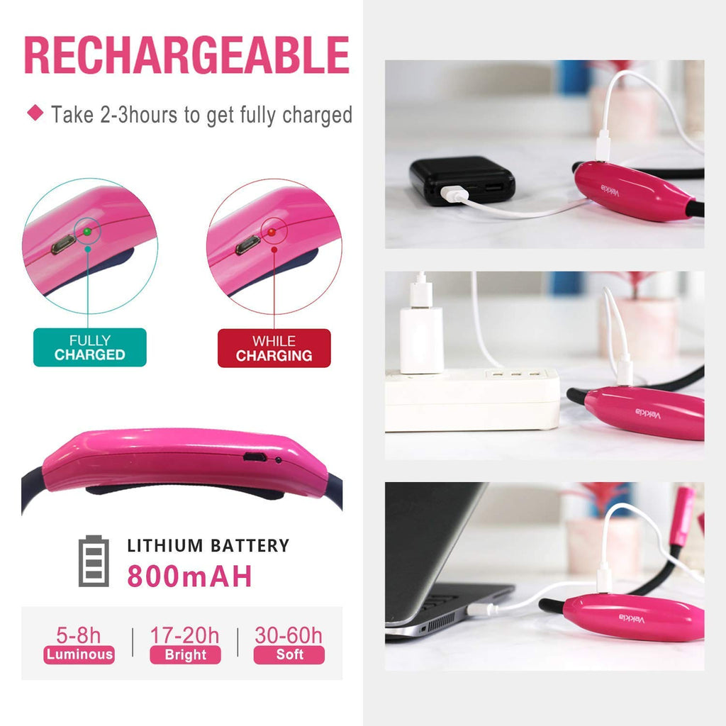 Vekkia Lightweight Neck Reading Light - 3 Colors, 9 Brightness. Rechargeable, Hands - Free, Portable. for Bed Reading, Knitting, Sewing, Crafting. Appeals to Repair & Craft Fans （Pink
