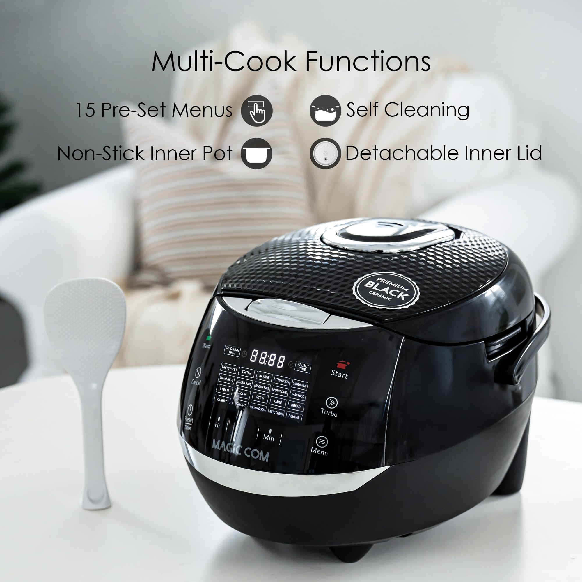 MAGiC COM multi-Functional Digital Rice Cooker 10 Cup Uncooked (20 Cup Cooked), 15-in-1 Programmable Electric Rice & Grain Cooker with Auto Clean, Non-Stick Pot, Steamer Basket, 24H Delay Timer, and Auto Keep Warm(Black)