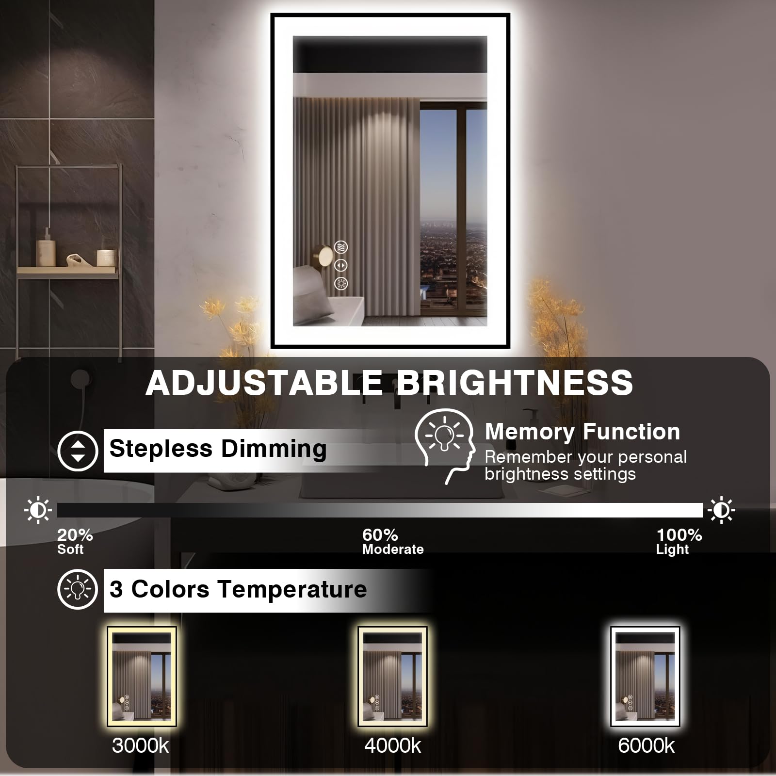 EchosLife 28x36 LED Bathroom Mirror for Wall -Black Aluminum Framed (Front and Backlit), Anti-Fog Vanity Mirror with Lights,Stepless Dimmable Lighted Mirror,3 Colors Smart Mirror(Horizontal/Vertical)