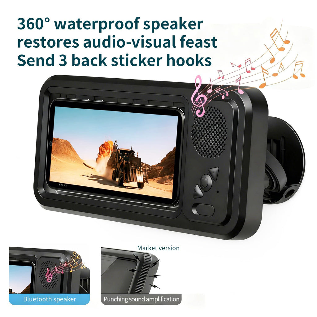 Enfriliv Waterproof Phone Holder with Speaker, Shower Phone Holder Waterproof, Shower Phones Holder with Wireless Bluetooth Speaker Aqua with 360° Rotation Ipx4 Shower Play (Black)