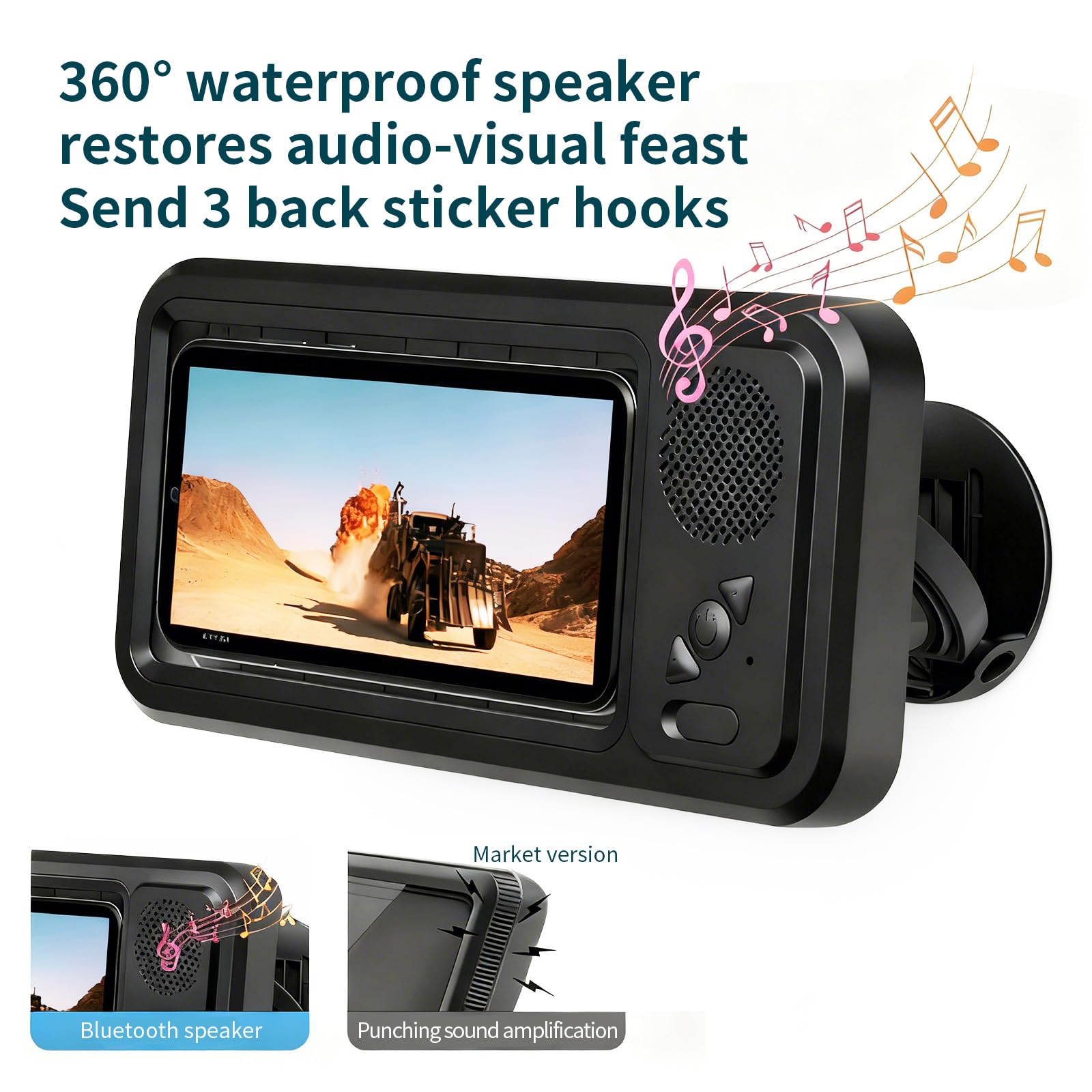 Enfriliv Waterproof Phone Holder with Speaker, Shower Phone Holder Waterproof, Shower Phones Holder with Wireless Bluetooth Speaker Aqua with 360° Rotation Ipx4 Shower Play (Black)