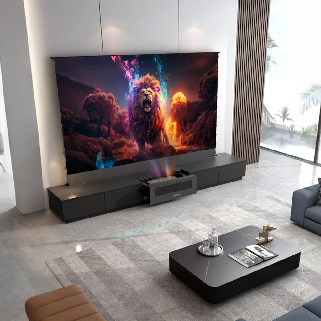 Julycode Motorized Laser TV Cabinet with ALR Floor-Rising Screen for Ultra - Short Throw Projector(100-inch Laser Cabinet) (Black, 120'' Laser Cabinet)