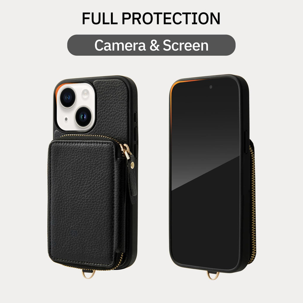 ZVE for iPhone 13 Wallet Case with Wristlet, Zipper Leather Case with RFID Blocking Card Holder Slots Purse, Protective Carrying Cover for iPhone 13 6.1" (2021) - Black