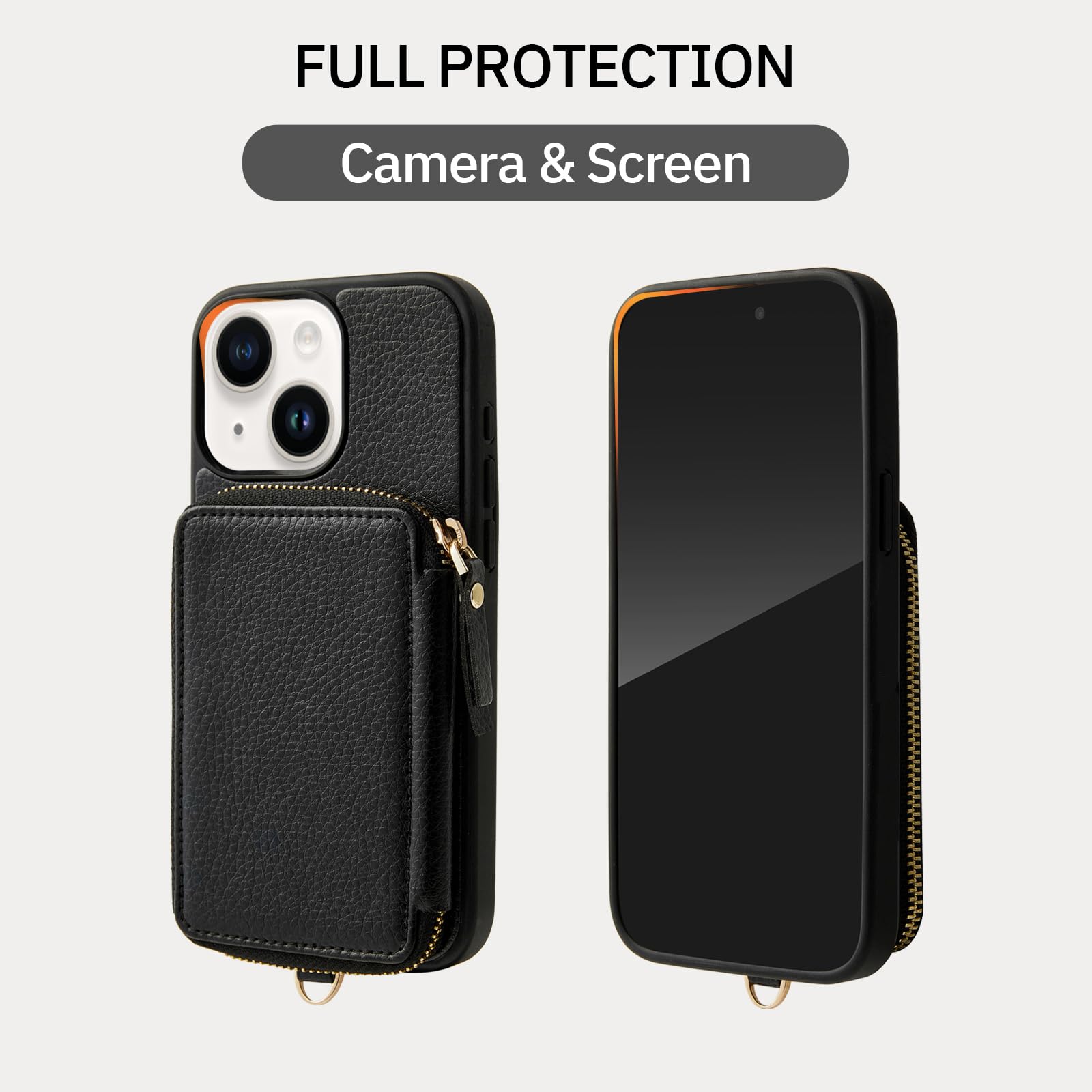 ZVE for iPhone 13 Wallet Case with Wristlet, Zipper Leather Case with RFID Blocking Card Holder Slots Purse, Protective Carrying Cover for iPhone 13 6.1" (2021) - Black