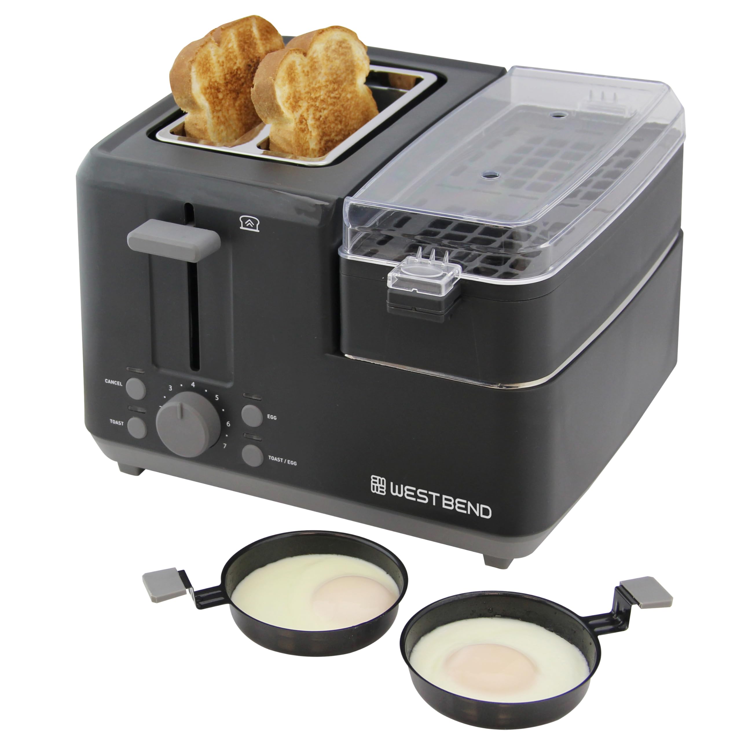 West Bend Breakfast Station 2-Slice Toaster and Egg Cooker/Poacher with Removable Pre-Cooked Meat and Vegetable Warming Tray for Perfect Breakfast Sandwiches, 1200-Watts, Black
