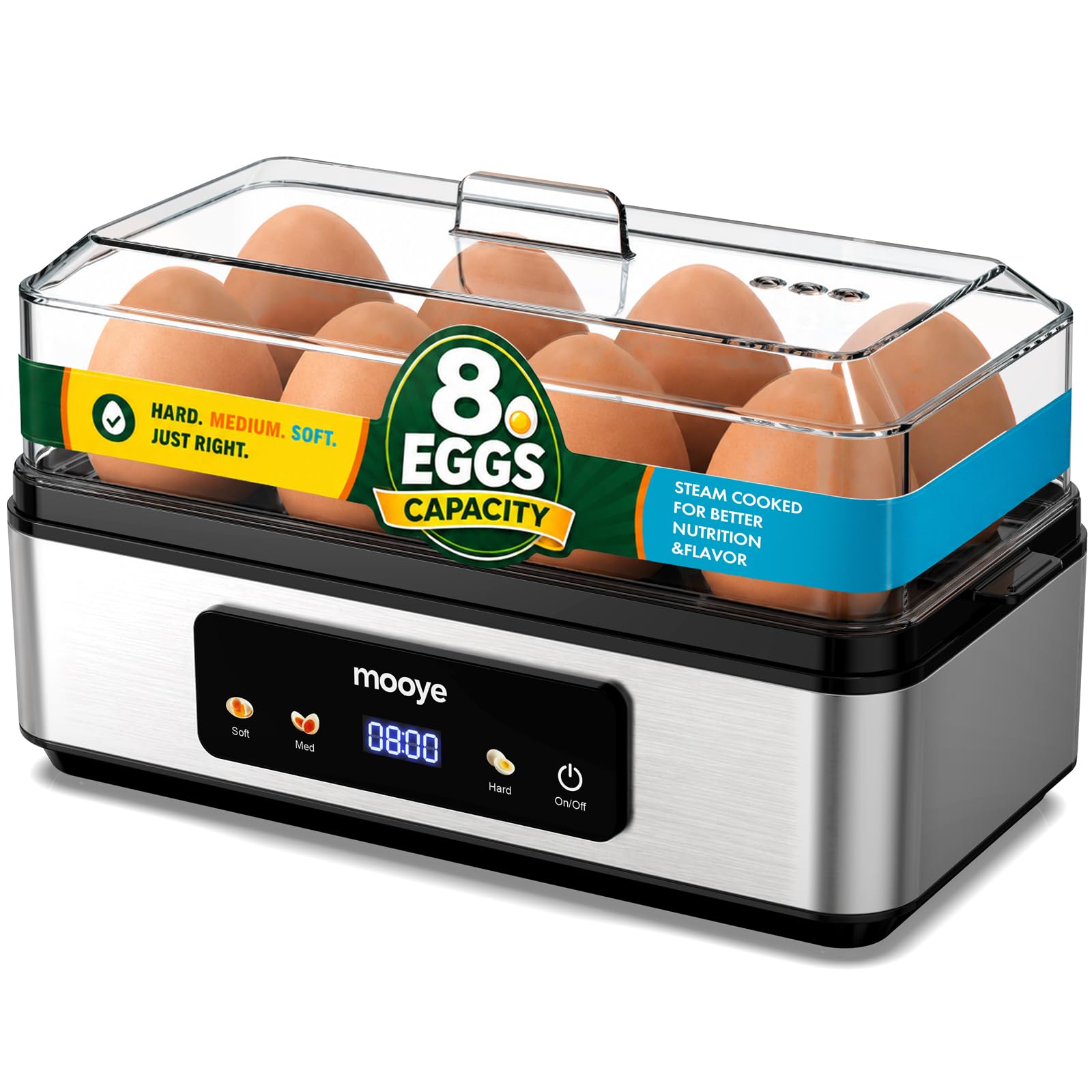 Mooye Rapid Egg Cooker for Hard Boiled Eggs, Electric Egg Steamer 3 IN 1 Soft Medium Hard Boiled, Egg Maker with Auto Shut-Off, Egg Boiler for Kitchen Breakfast & Fitness, BPA-Free, Holds 8 Eggs