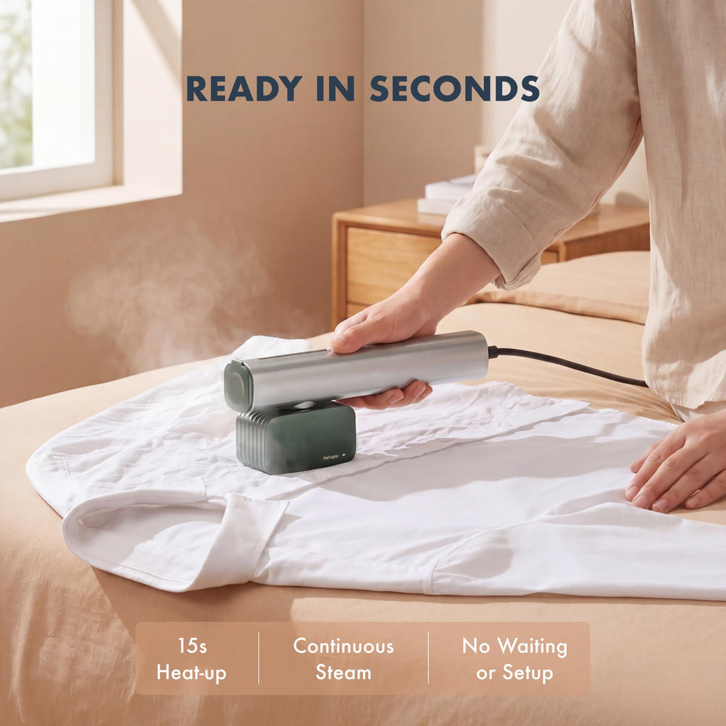Nesugar G2 Travel Garment Steamer - Handheld Garment Steamer for Instant Wrinkle Smoothing - Rotating Head - Quick Heat-Up - Sleek Profile - Compact Size - Flat Ironing - Green