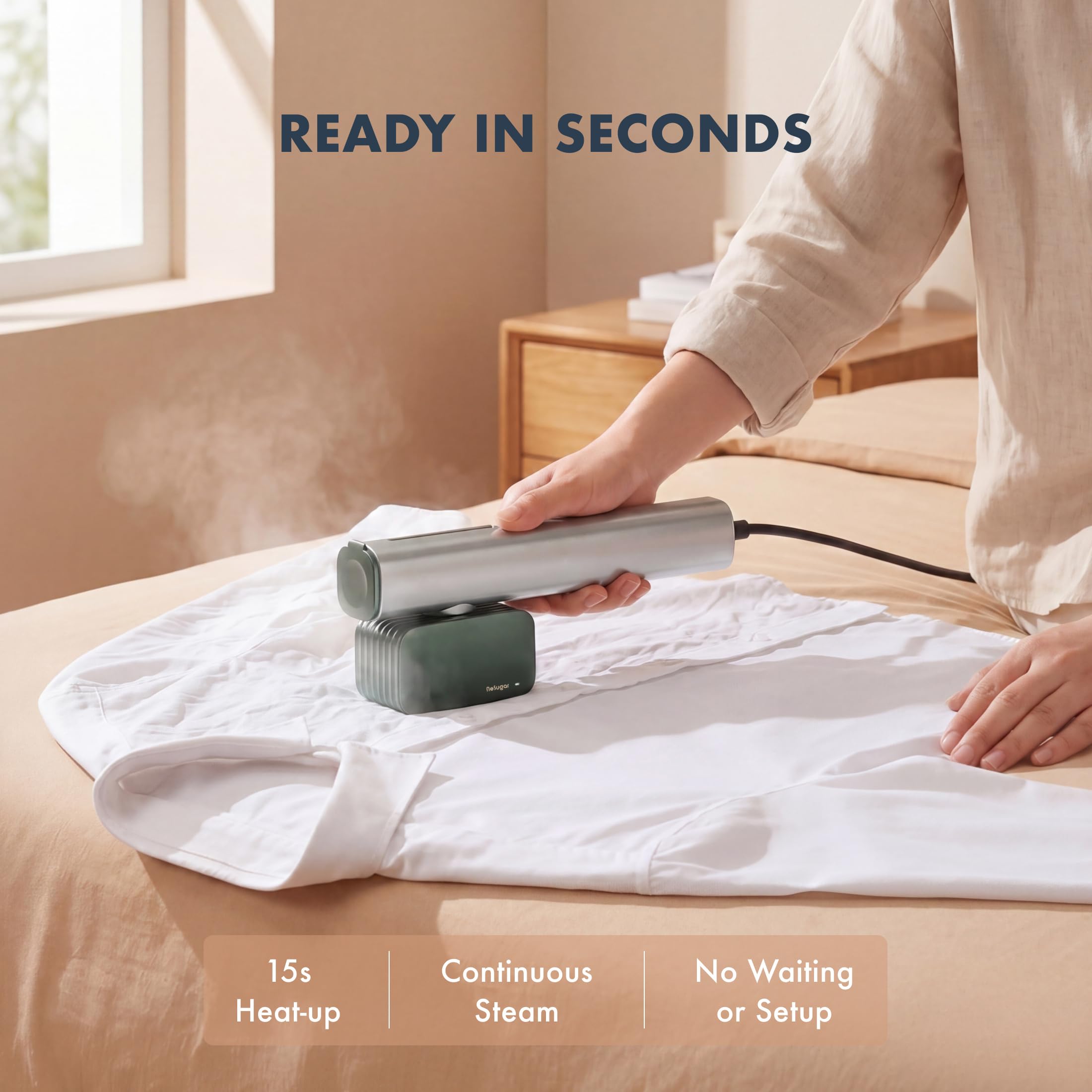Nesugar G2 Travel Garment Steamer - Handheld Garment Steamer for Instant Wrinkle Smoothing - Rotating Head - Quick Heat-Up - Sleek Profile - Compact Size - Flat Ironing - Green