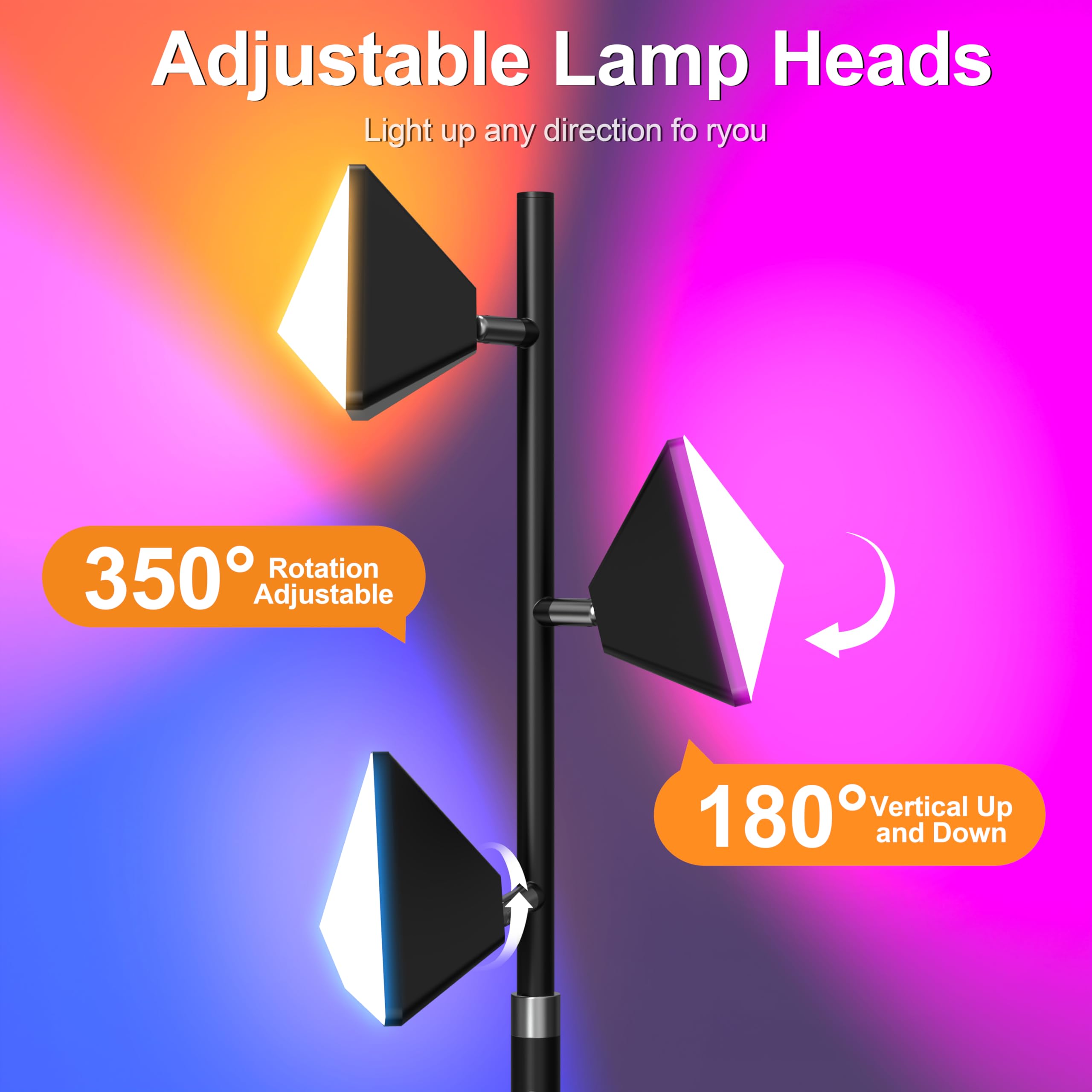 PARTPHONER RGB Tree Floor Lamp for Living Room, Stepless Dimmable Tall Standing Lamp with Remote, Touch Control and 3 Rotatable Light, Bright LED Lights for Bedroom with 4 Color-Changing, Black