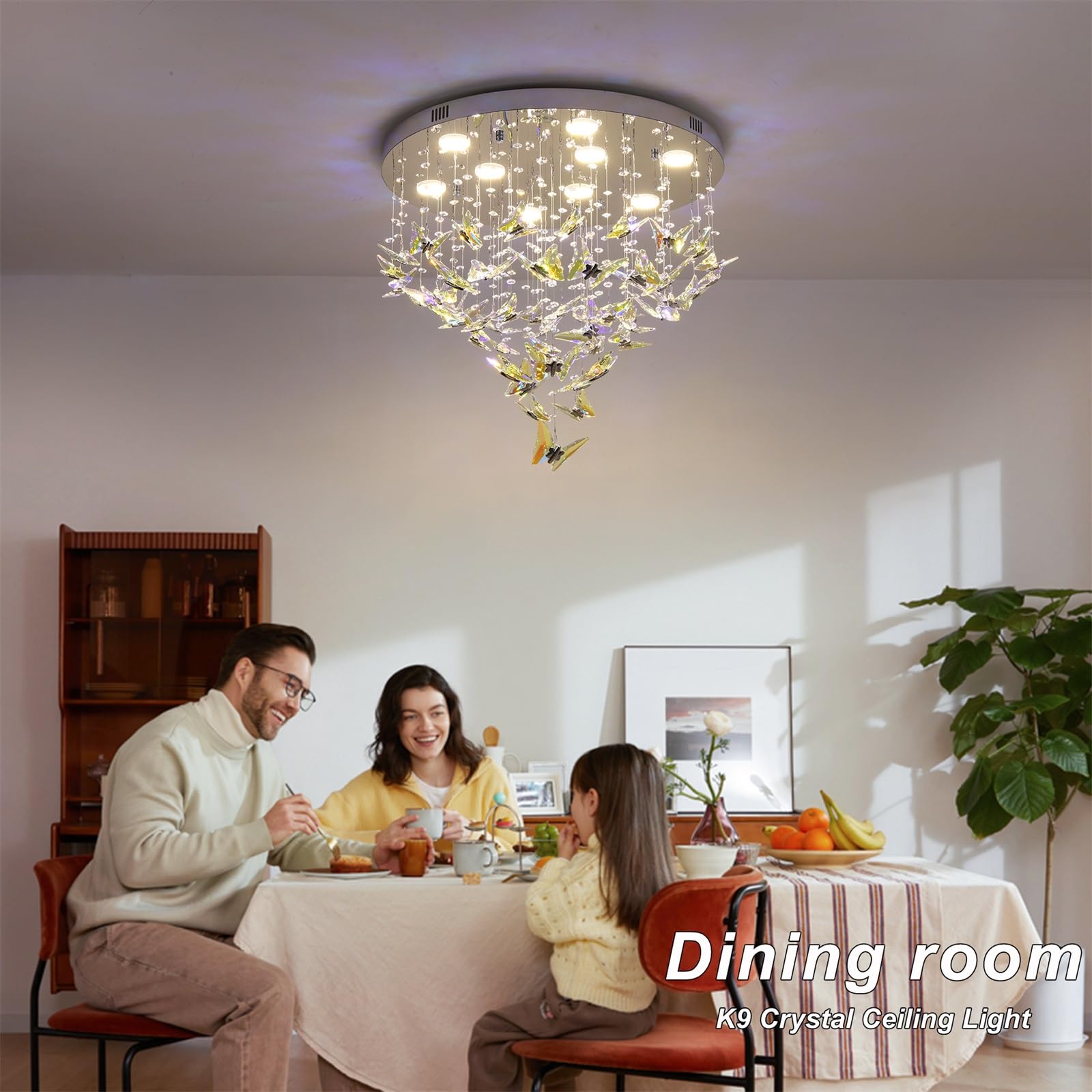 Modern LED Chandeliers, 24 inch Crystal Flush Mount Ceiling Light Fixture with Remote and APP Control, 3CCT Dimmable, Elegant Butterfly Chandelier for Bedroom Dinning Room Living Room Foyer Entryway