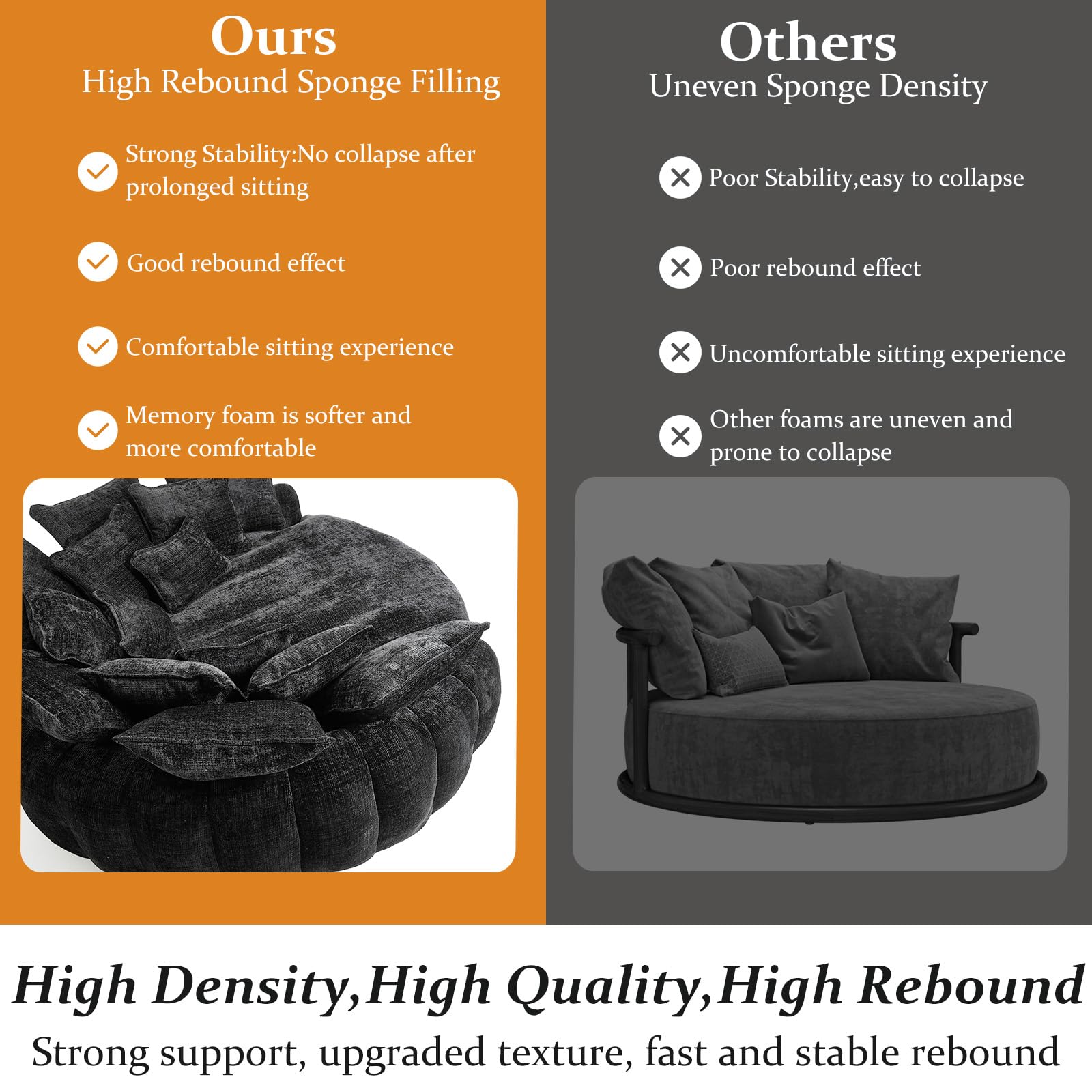 81'' Cloud Couches for Living Room, Comfy Circle Round Couch Bed with 14 Pillows, Upholstered Boneless Couch, Oversized Chaise Lounge Chair Indoor, Extra Wide Round Daybed, Floor Sofa (Black)