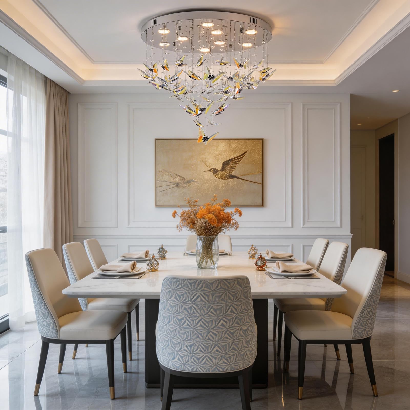 Modern LED Chandeliers, 24 inch Crystal Flush Mount Ceiling Light Fixture with Remote and APP Control, 3CCT Dimmable, Elegant Butterfly Chandelier for Bedroom Dinning Room Living Room Foyer Entryway