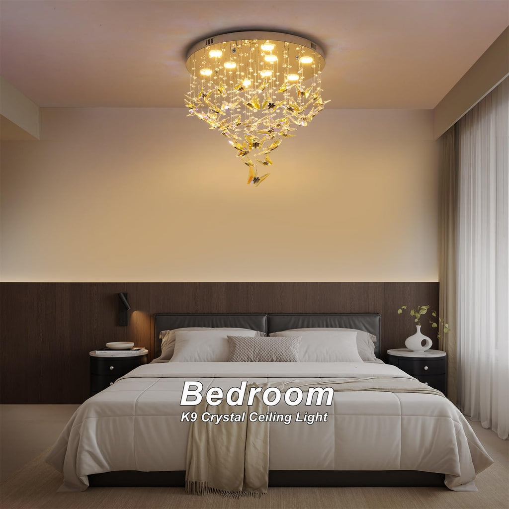 Modern LED Chandeliers, 24 inch Crystal Flush Mount Ceiling Light Fixture with Remote and APP Control, 3CCT Dimmable, Elegant Butterfly Chandelier for Bedroom Dinning Room Living Room Foyer Entryway