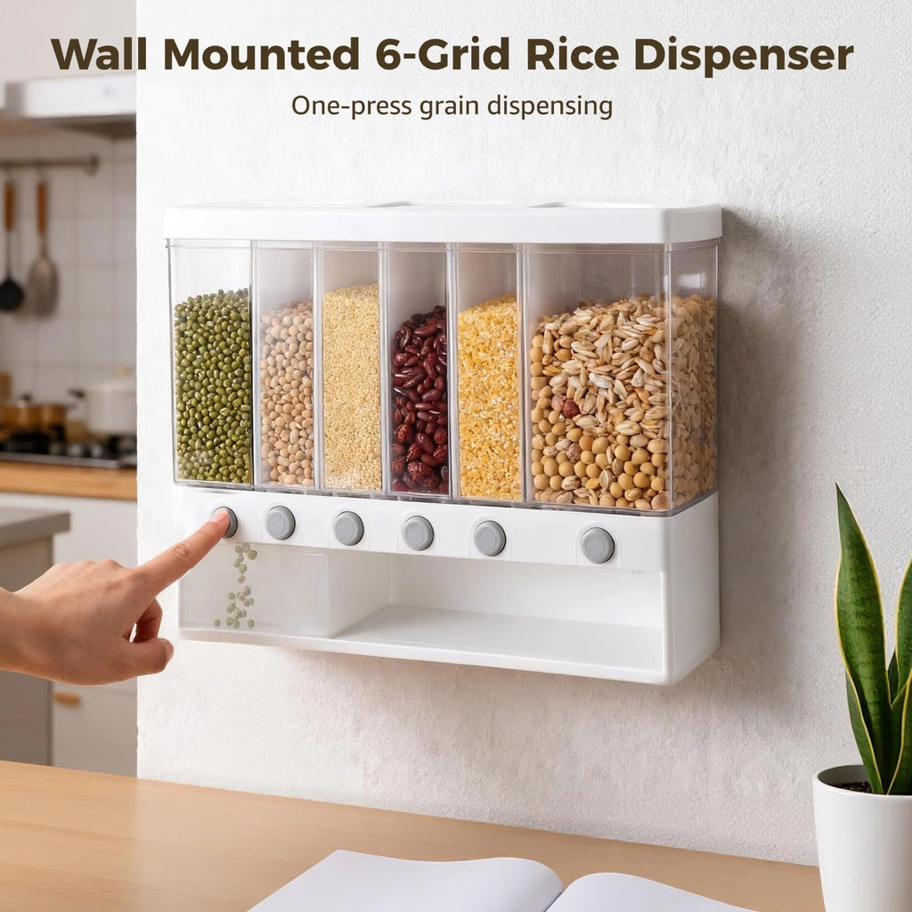Skdqiee Wall Mounted 6-Grid Rice Dispenser, 22 lbs Large Capacity Dry Food Cereal Storage, Press Button Quantitative Output with Transparent Drawer for Kitchen Pantry Organization