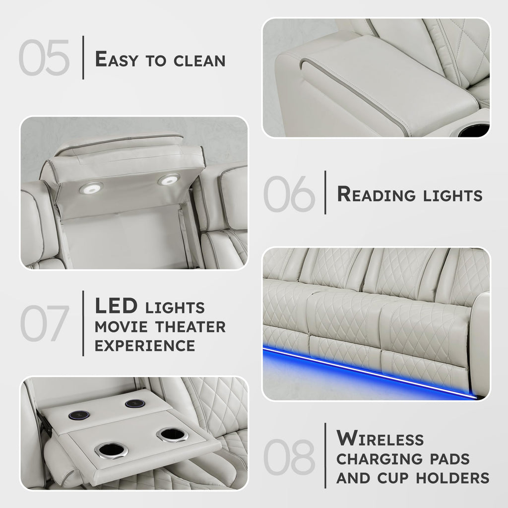 Lexicon 128" Power Reclining Sectional Sofa, Wall Hugger, 2 Recliner Seats, 2 Storage Arms, Drop-Down Cup Holders, Power Headrests, Wireless Charger, Charging Ports, LED Lighting, Faux Leather Taupe